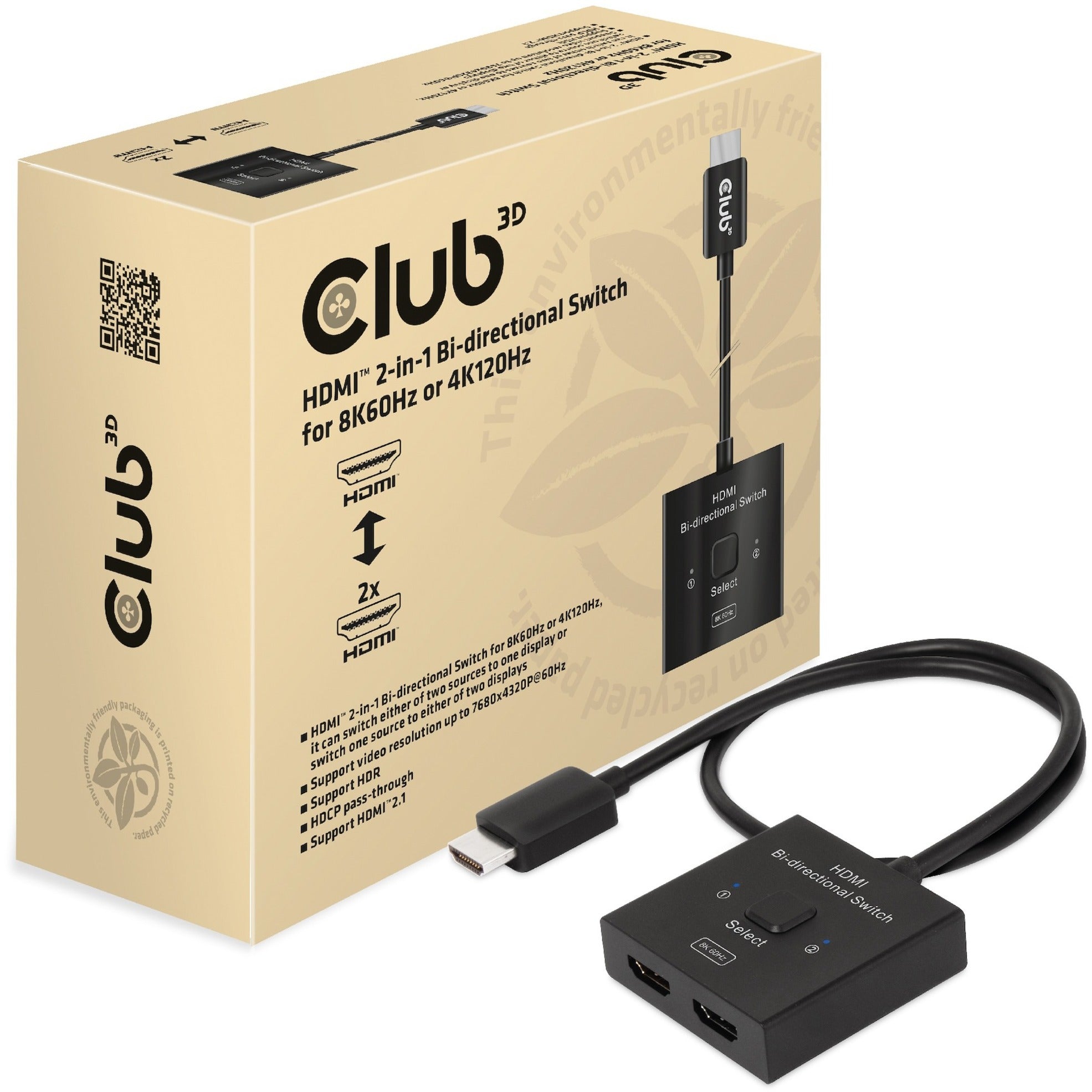 Club 3D Club 3D HDMI-switch 2-in-1 bidirectioneel voor 8K60Hz of 4K