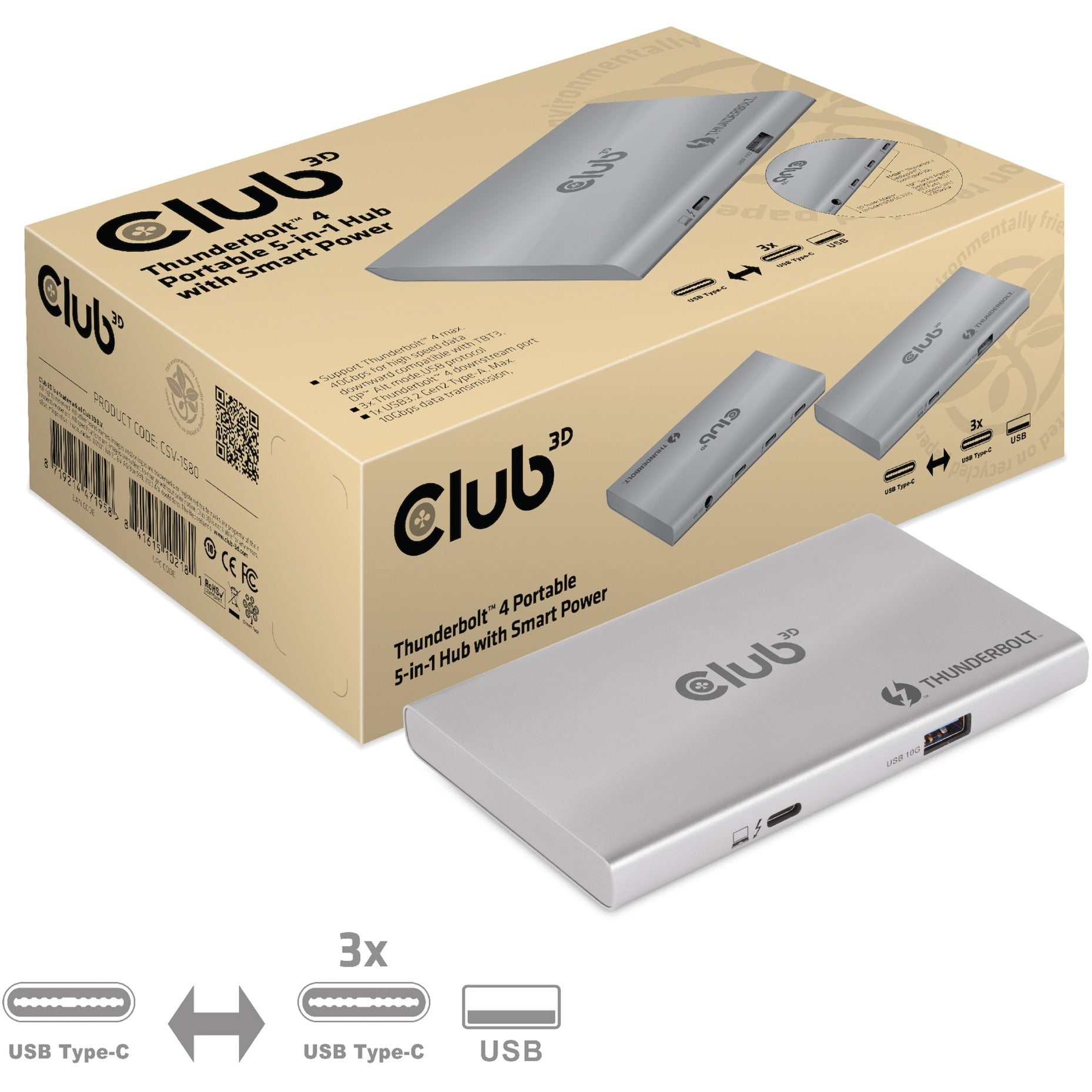Club 3D Club 3D Thunderbolt 4 Draagbare 5-in-1 hub met slimme stroomvoorziening