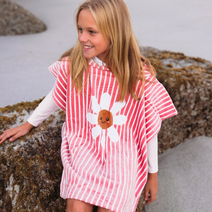 Madeliefjebloem | rood witte katoenen strandponcho 65 x 65 cm