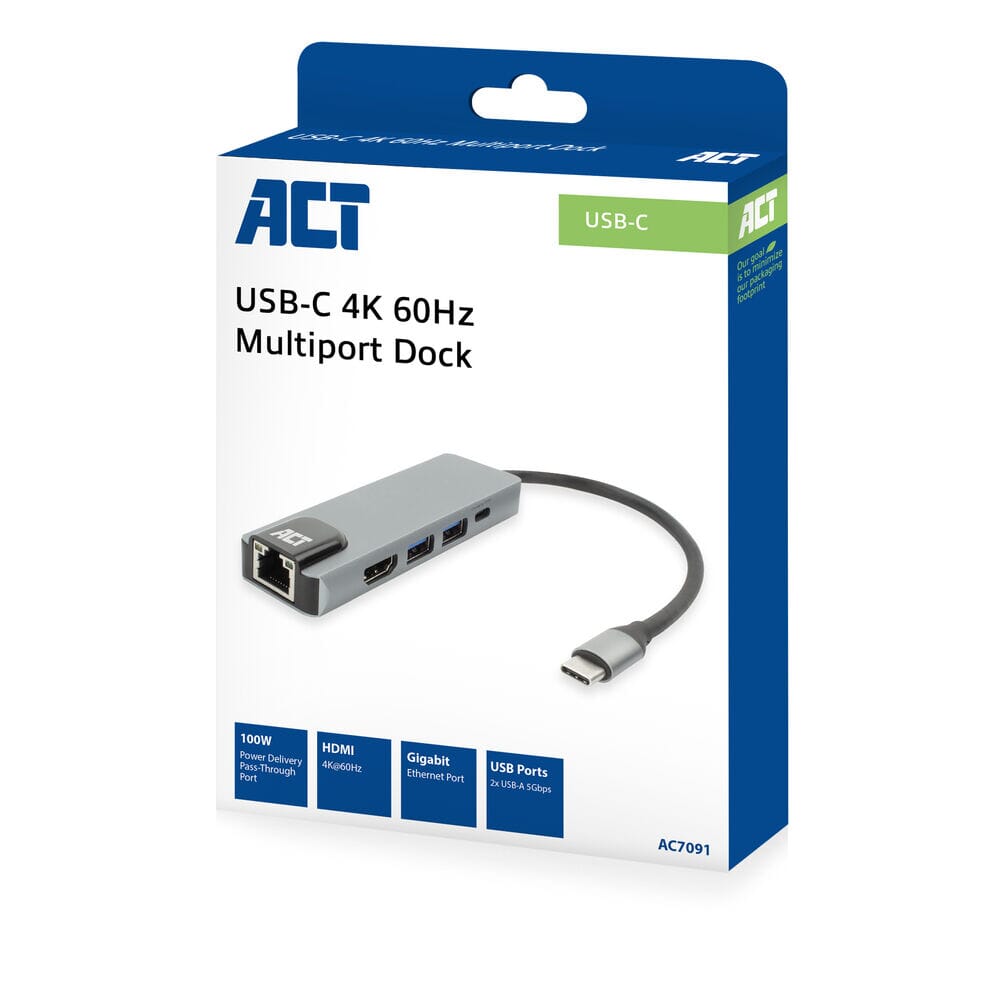 ACT Connectivity USB-C 4K dockingstation voor 1 HDMI-monitor, ethe