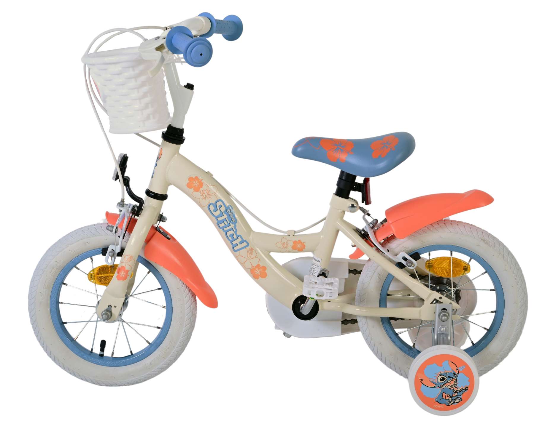Stitch disney kinderfiets - meisjes - 12 inch - twee handremmen - crème blauw koraal