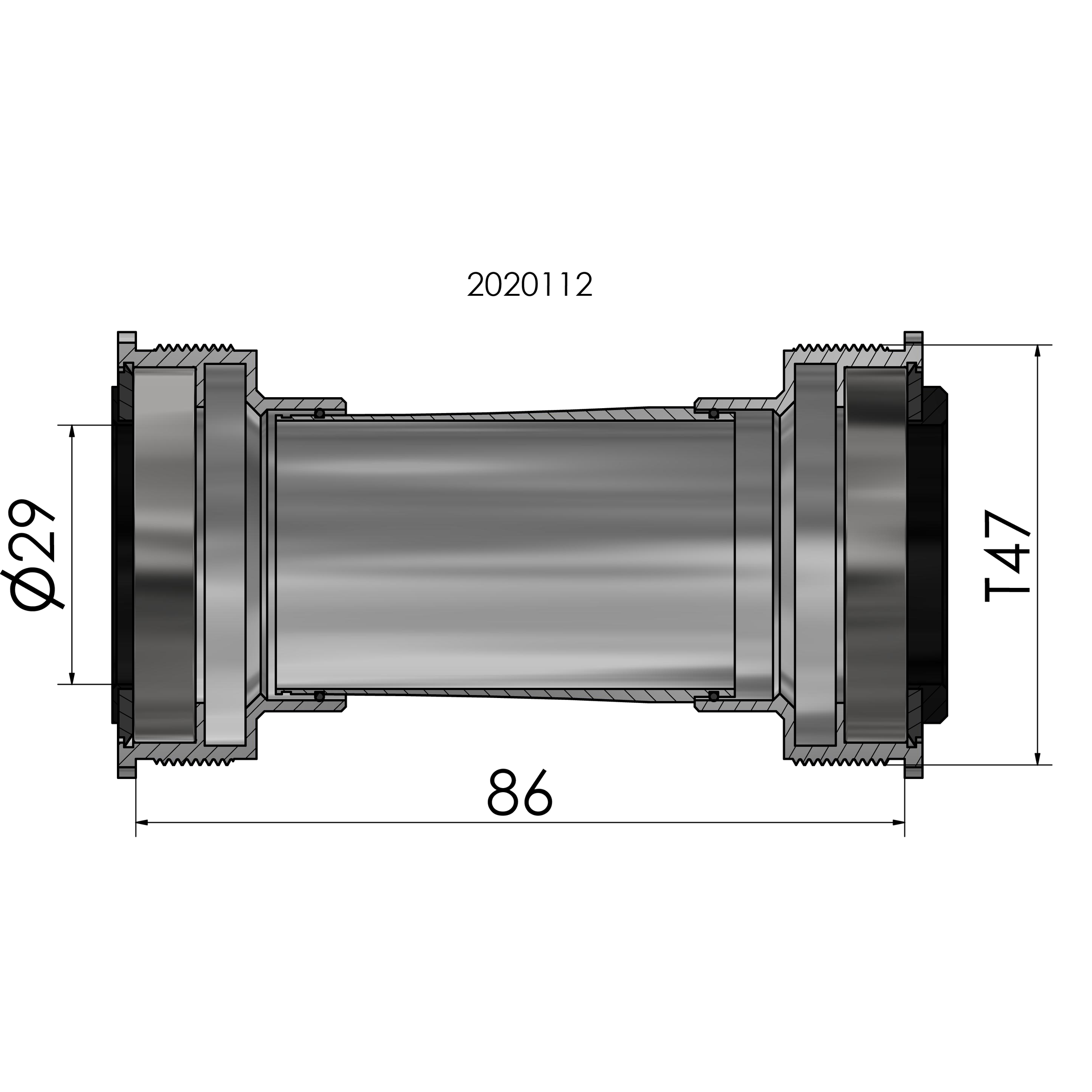 Trapas Elvedes Schroefdraadpassing T47 SRAM DUB intern 86 mm