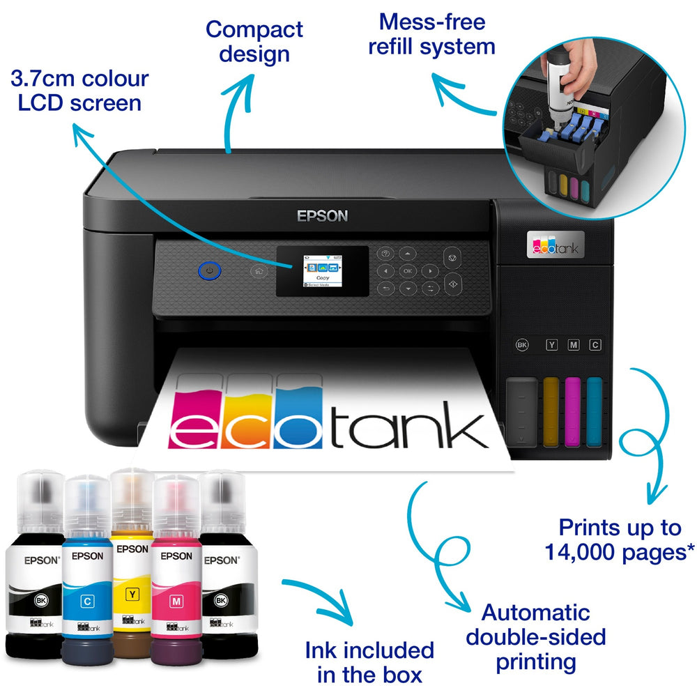 Epson ecotank et-2850 a4 multifunctionele wi-fi-printer met inkttank all-in-one inkjetprinter (zwart, scannen, kopiëren, wi-fi, inclusief tot 3 jaar inkt)