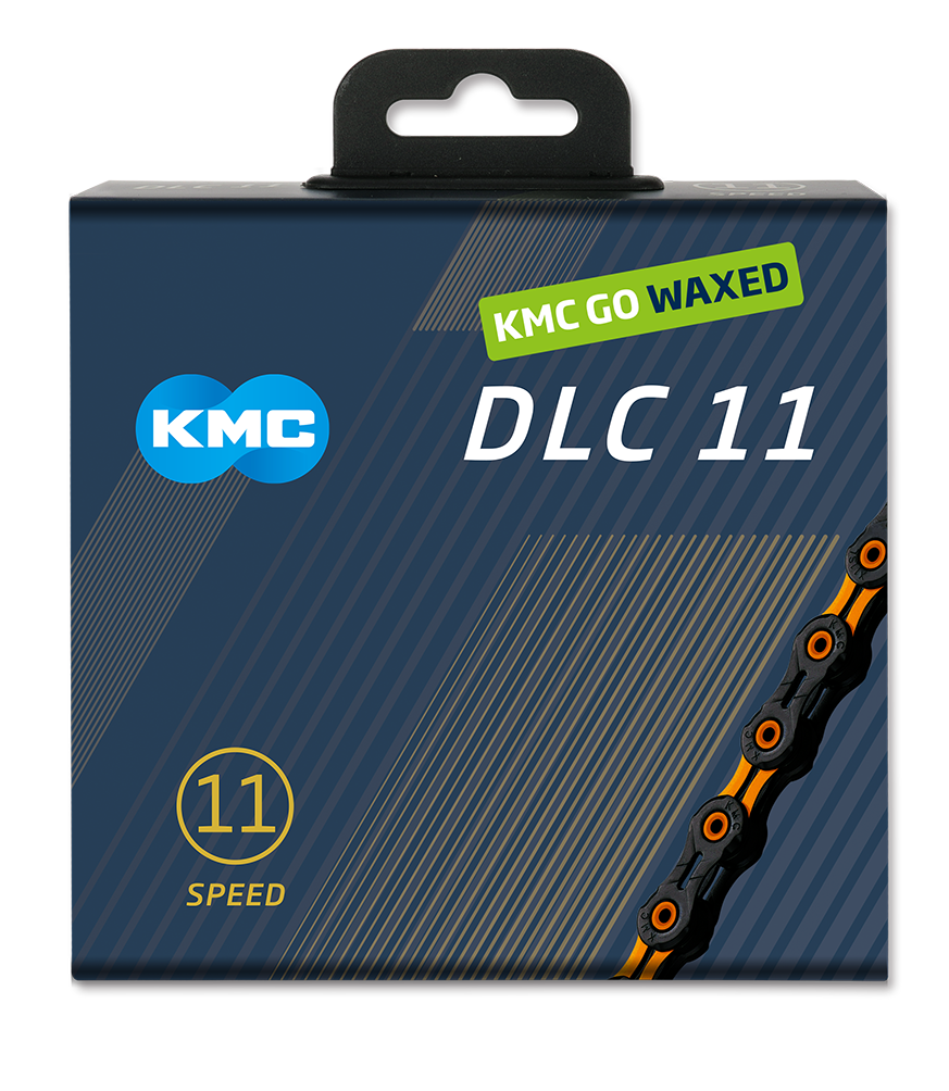 Kmc chain dlc 11 118l box waxed 11-speed black orange