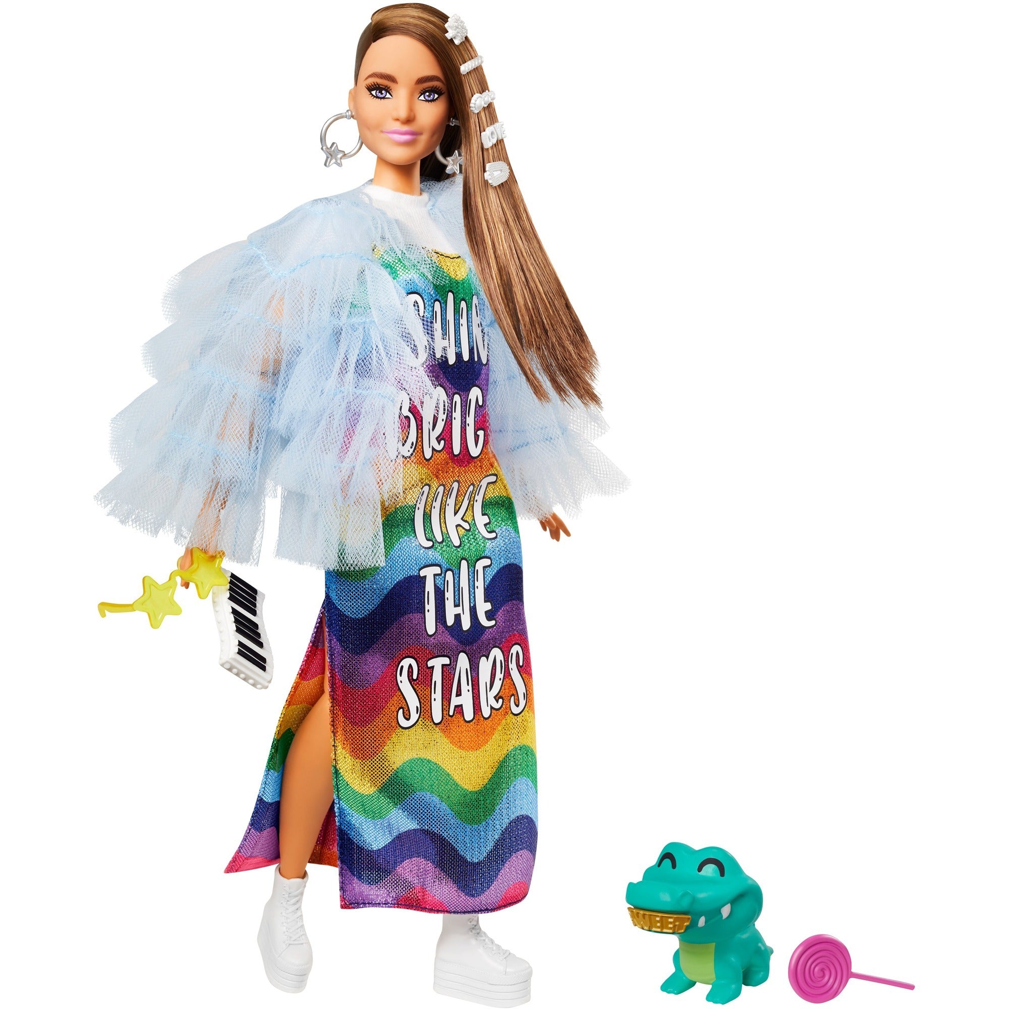 Mattel Extra Doll #9 Blauwe Geplooide Jas met Huisdier Krokodil
