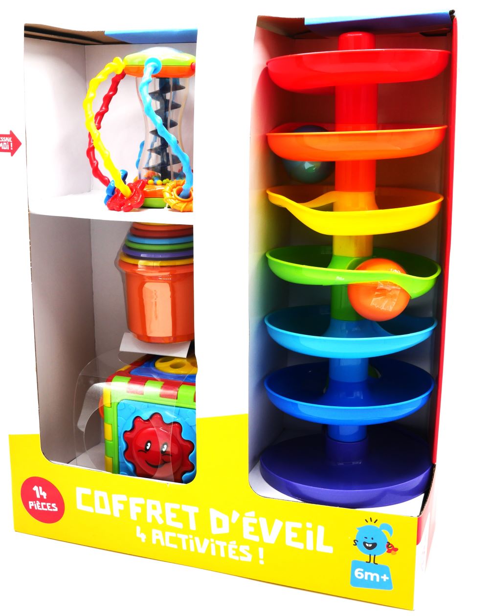4 delige babycadeauset met ballentoren stapelbekers kralenframe en speelkubus.