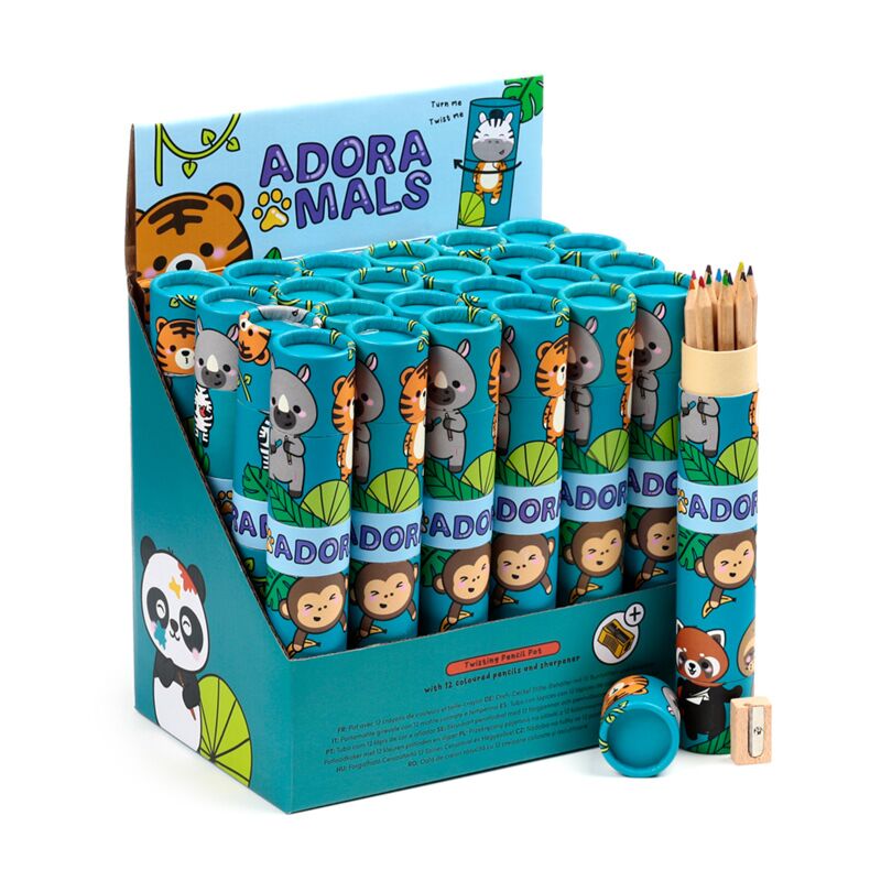 Adoramals wilde dieren large draaidop tekenkoker 12 kleurpotloden slijper