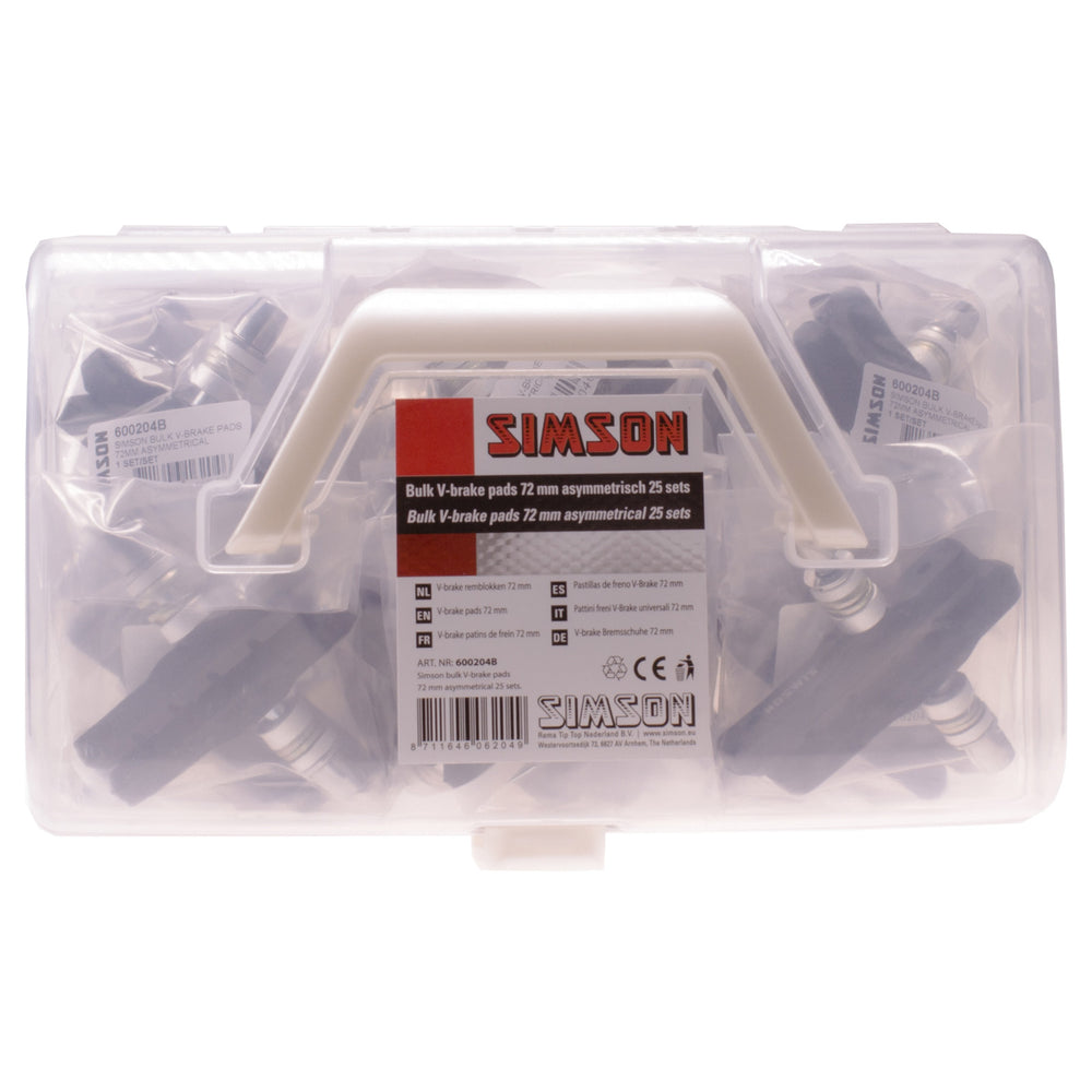 Plaquettes de frein Simson V-brake 72mm, asymétriques. 25 paires dans une boîte