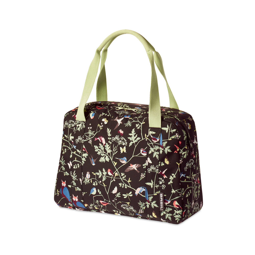 Basil Wanderlust Carry All Bag - zwarte fietshandtas met kleurrijke vogelprint