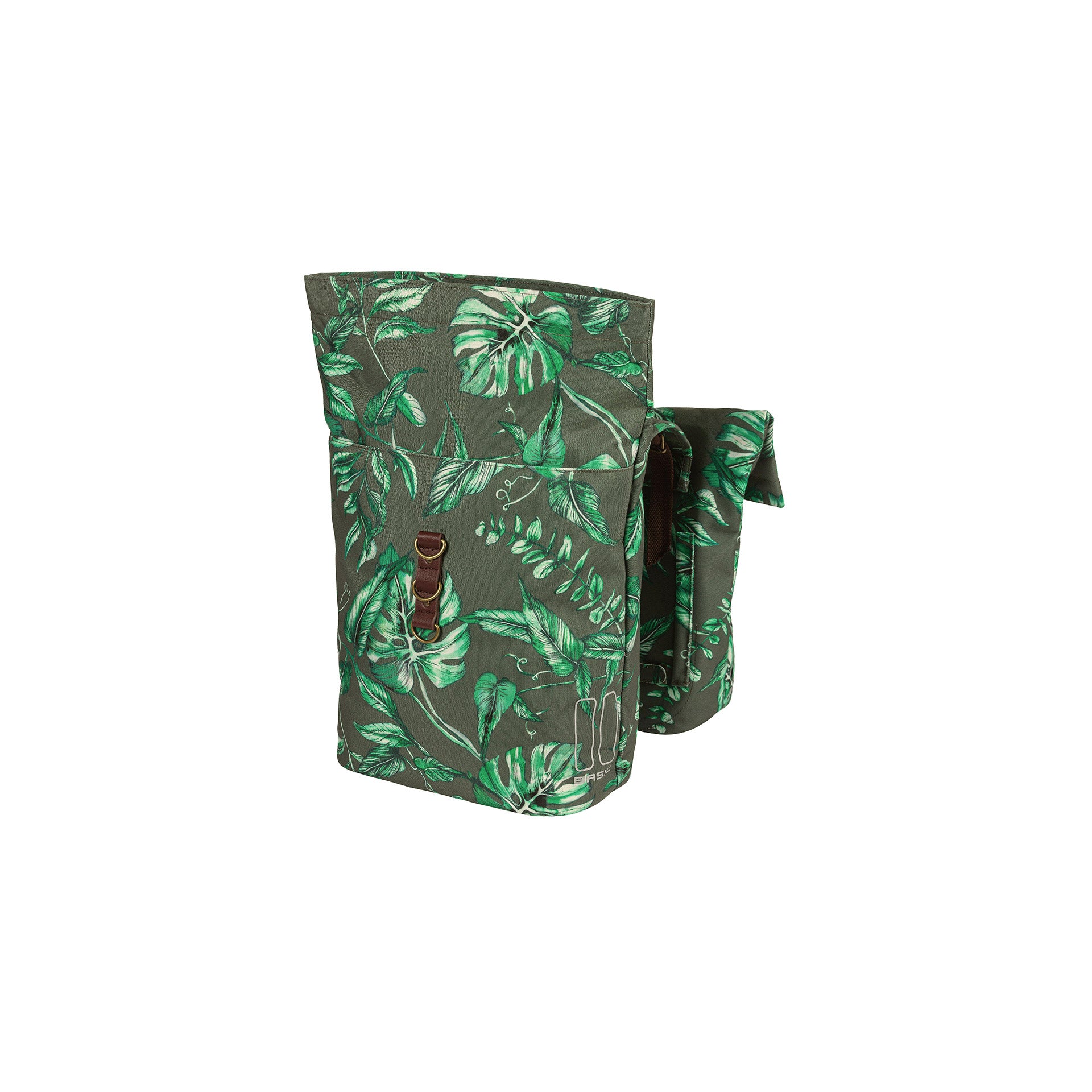 Basil Ever-Green dubbele fietstas, gerecycled PET, waterkerende vouwsluiting, vegan leer, 28-32L, tijm groen
