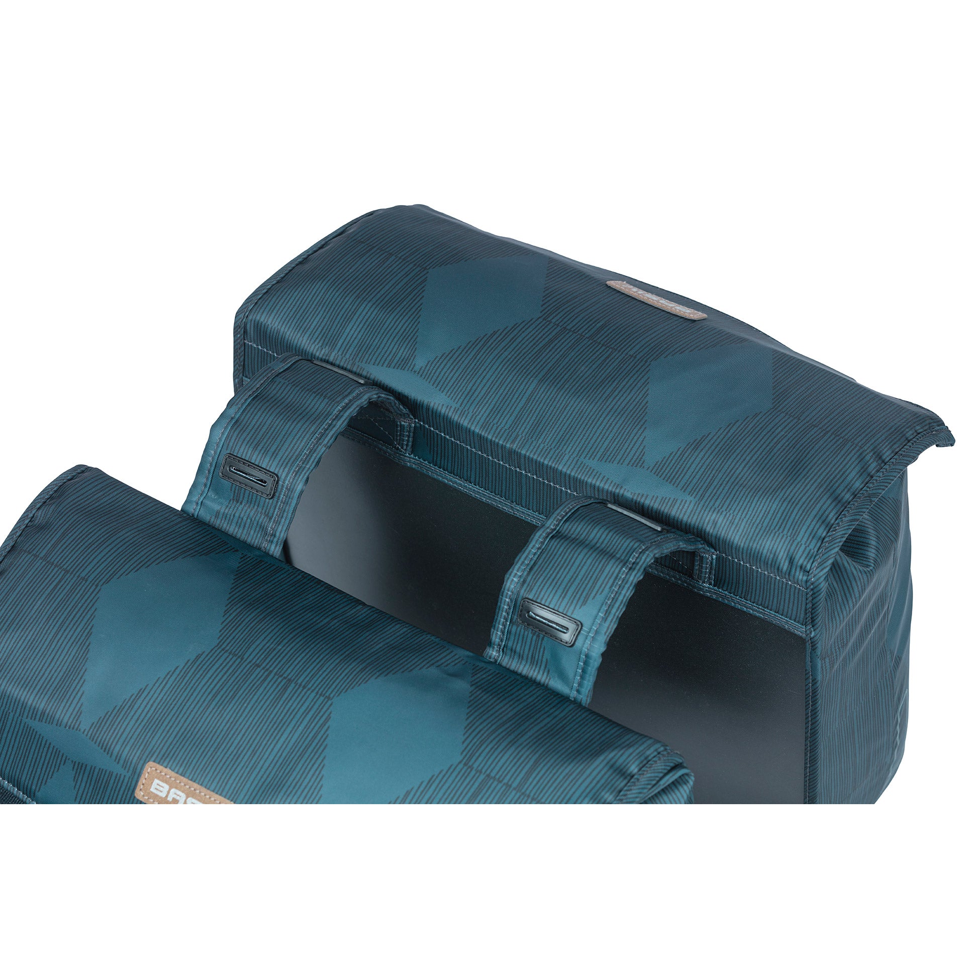 Basil Elegance dubbele fietstas, blauw, gerecycled PET, gevoerd, waterkerende sluiting, Universal Bridge, 40-49L