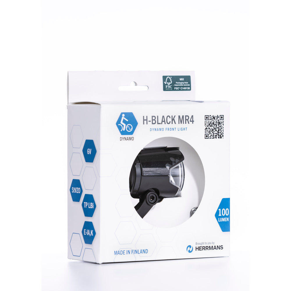 Phare Herrmans H-Black MR4 dynamo - fonction on off - avec support - 100 120 lumen