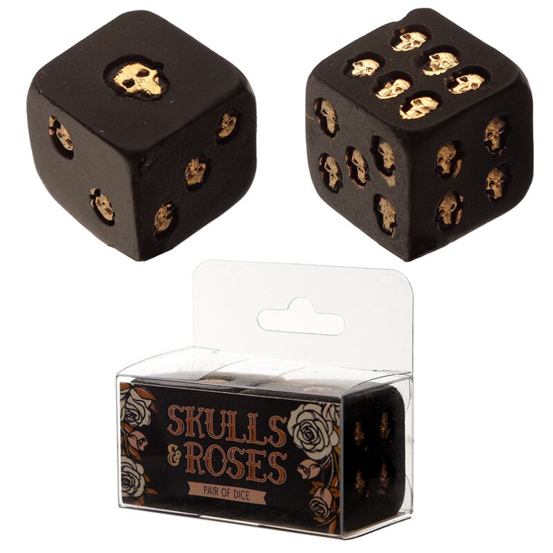 Zwart gouden schedel rozen dobbelstenen set van 2