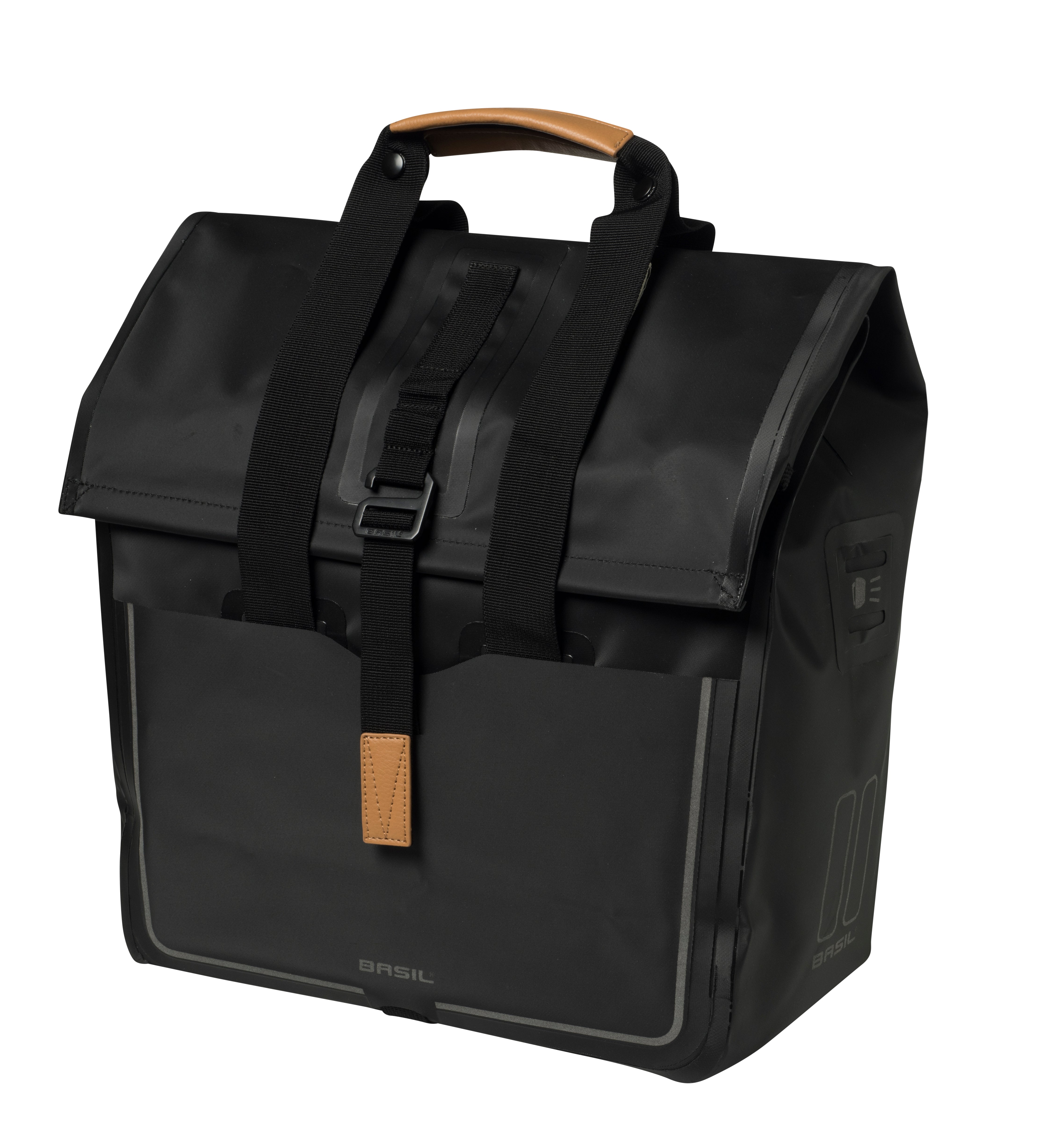 Basil Urban Dry Shopper - waterproof bike shopper, vegan leather details, adjustable closure, reflective, matte black