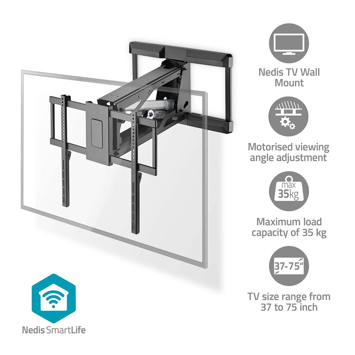 Nedis gemotoriseerde tv-muurbeugel | 37 - 75 | maximaal schermgewicht: 35 kg | draaibaar | minimale muurafstand: 153 mm | maximale muurafstand: 485 mm | zwart - tvwm5880bk