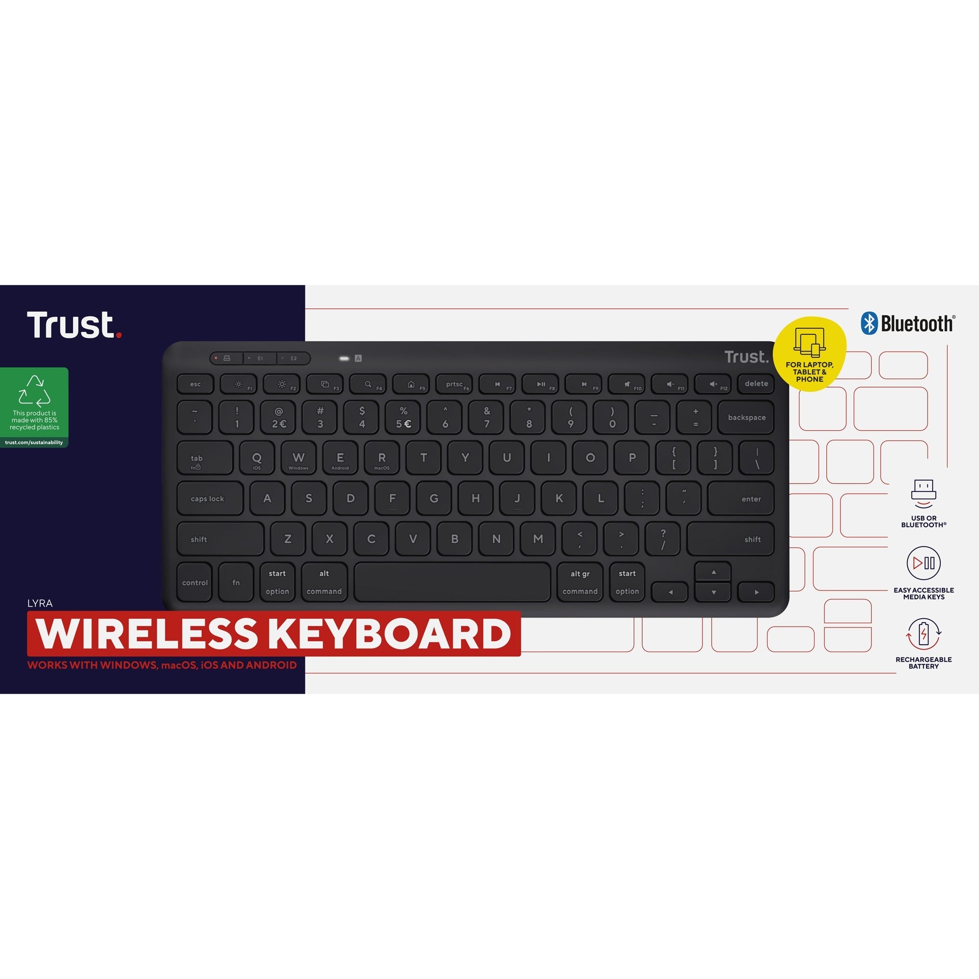 Trust lyra compact draadloos toetsenbord (zwart, us lay-out, scissor switches, 2,4 ghz usb, bluetooth, 65%)