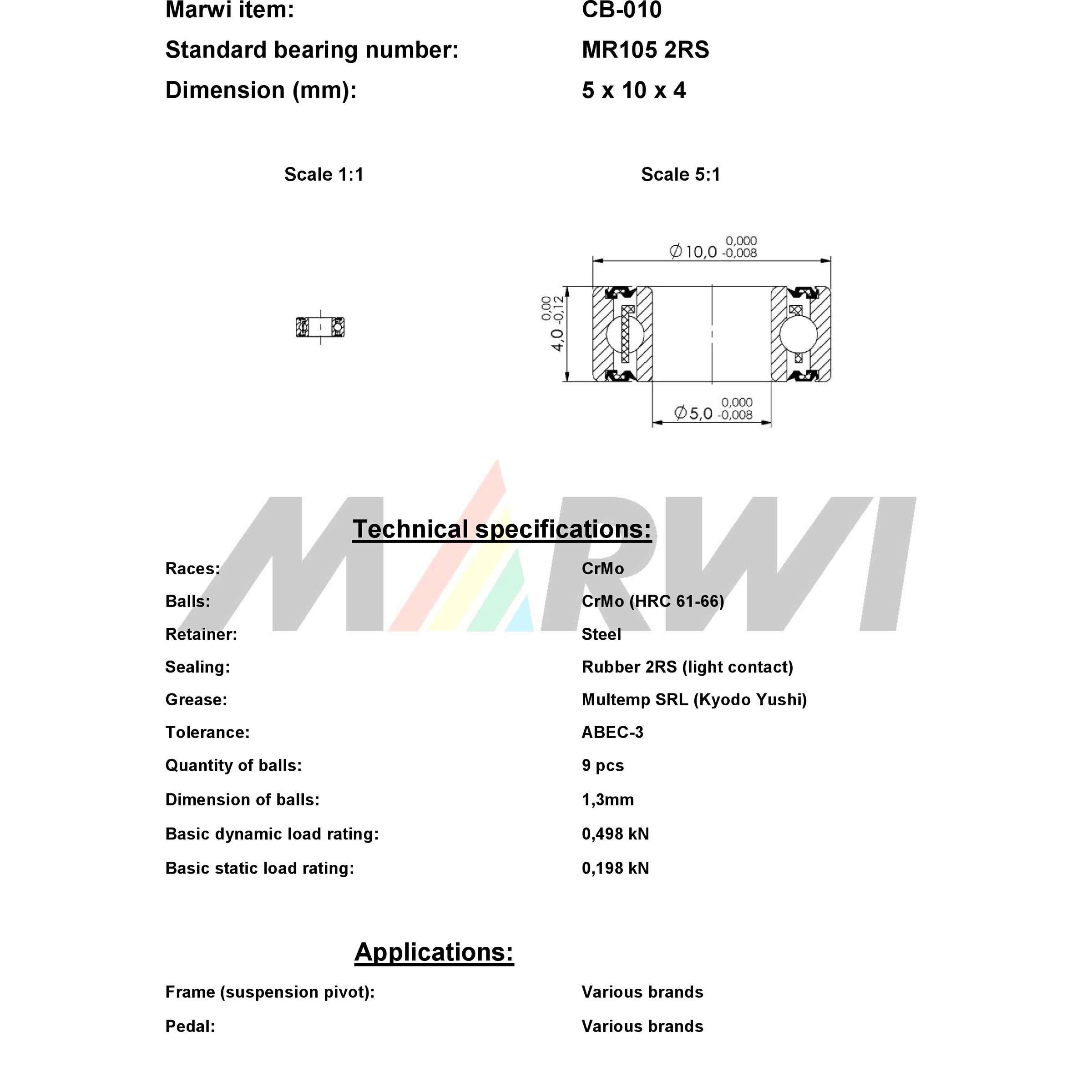 Roulement à billes Marwi CB-010 MR105 2RS 5x10x4 436010