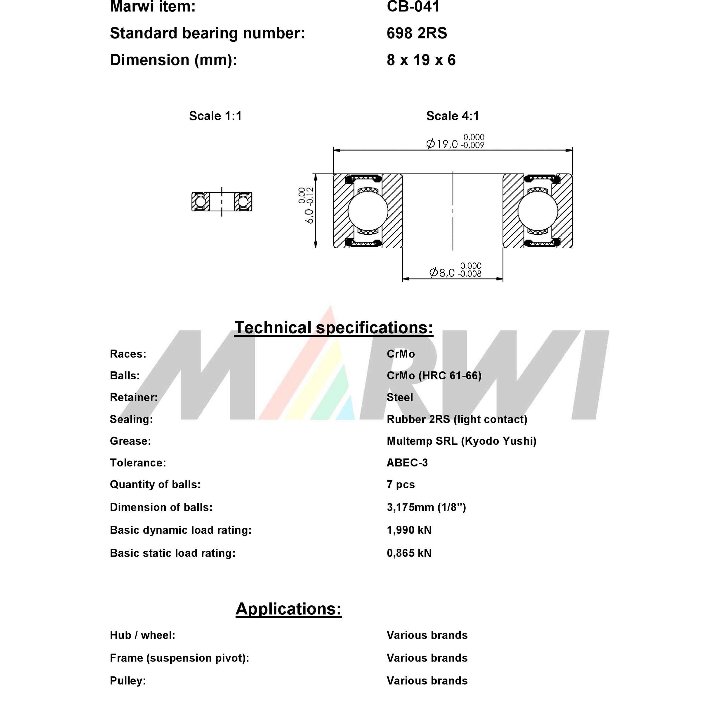 Marwi union kogellager ball bearing union cb-041 8x19x6