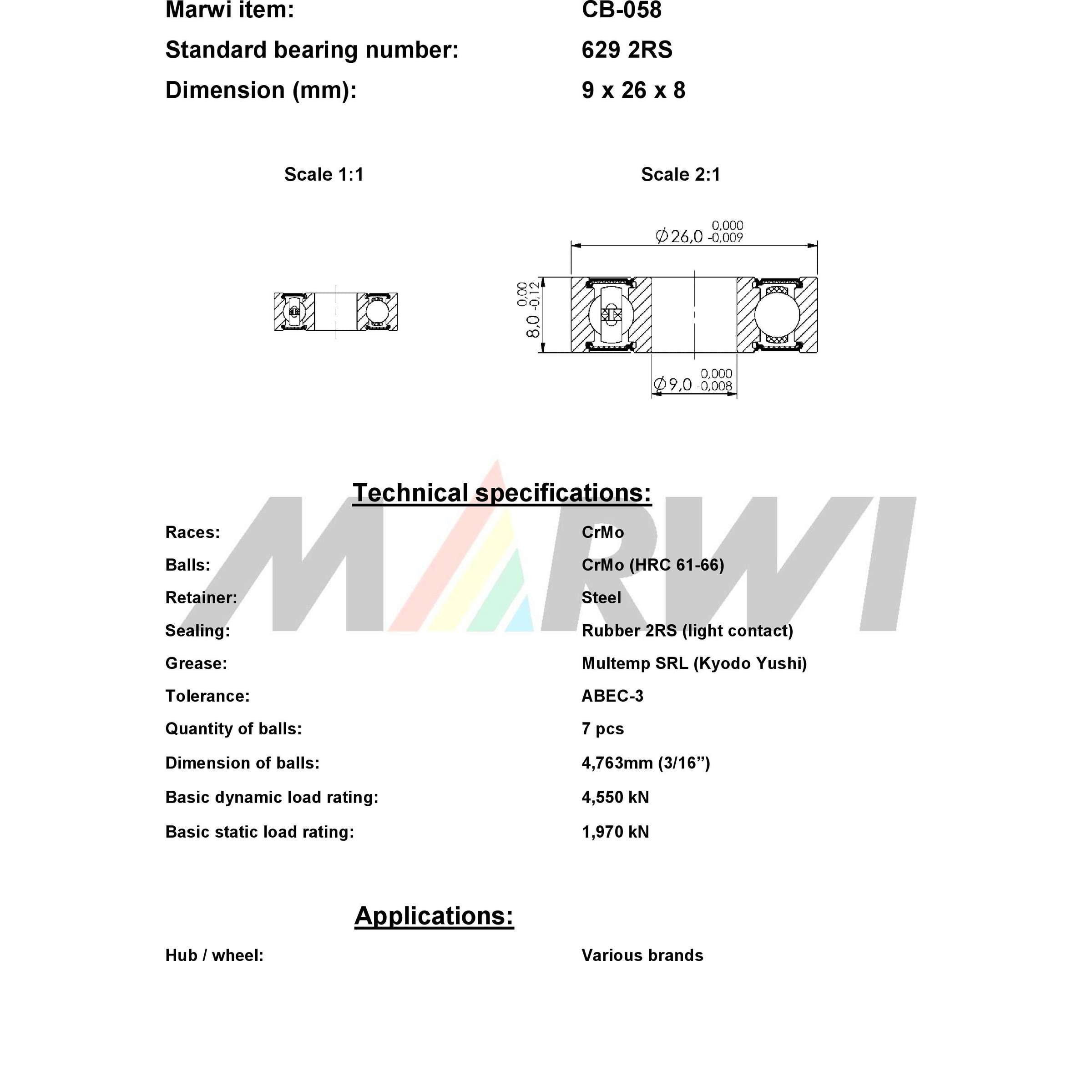 Marwi union kogellager ball bearing union cb-058 9x26x8