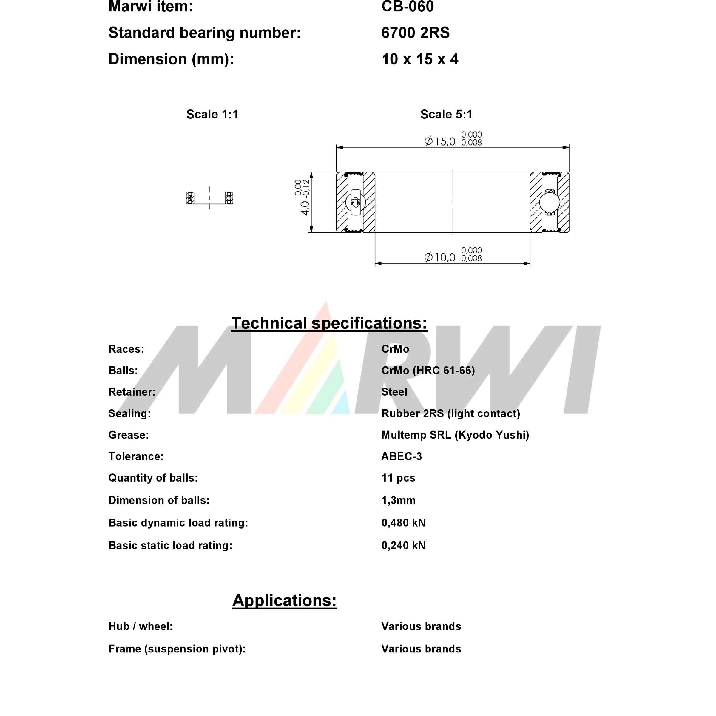 Marwi union kogellager cb-060 6700 2rs 10x15x4