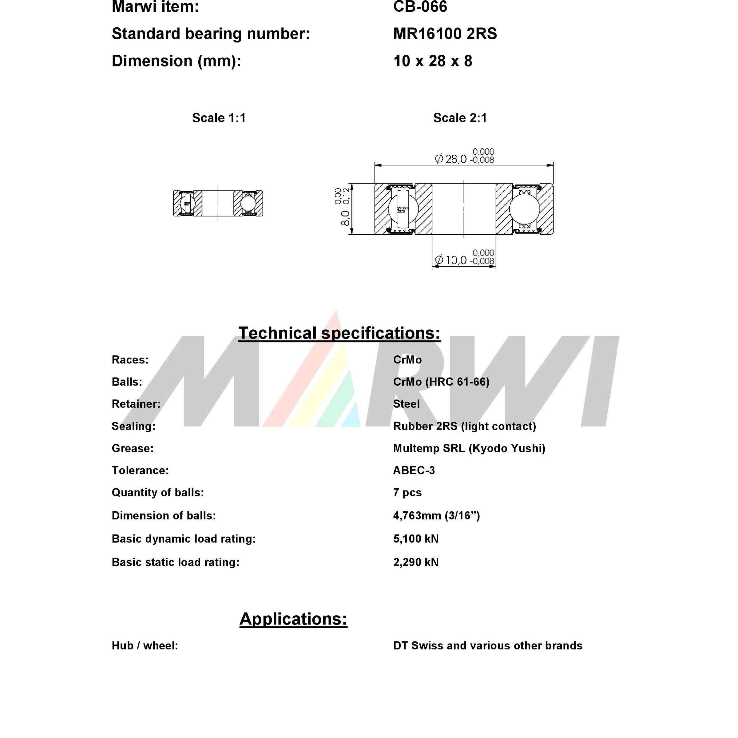 Roulement à billes Marwi CB-066 MR16100 2RS 10x28x8 436066