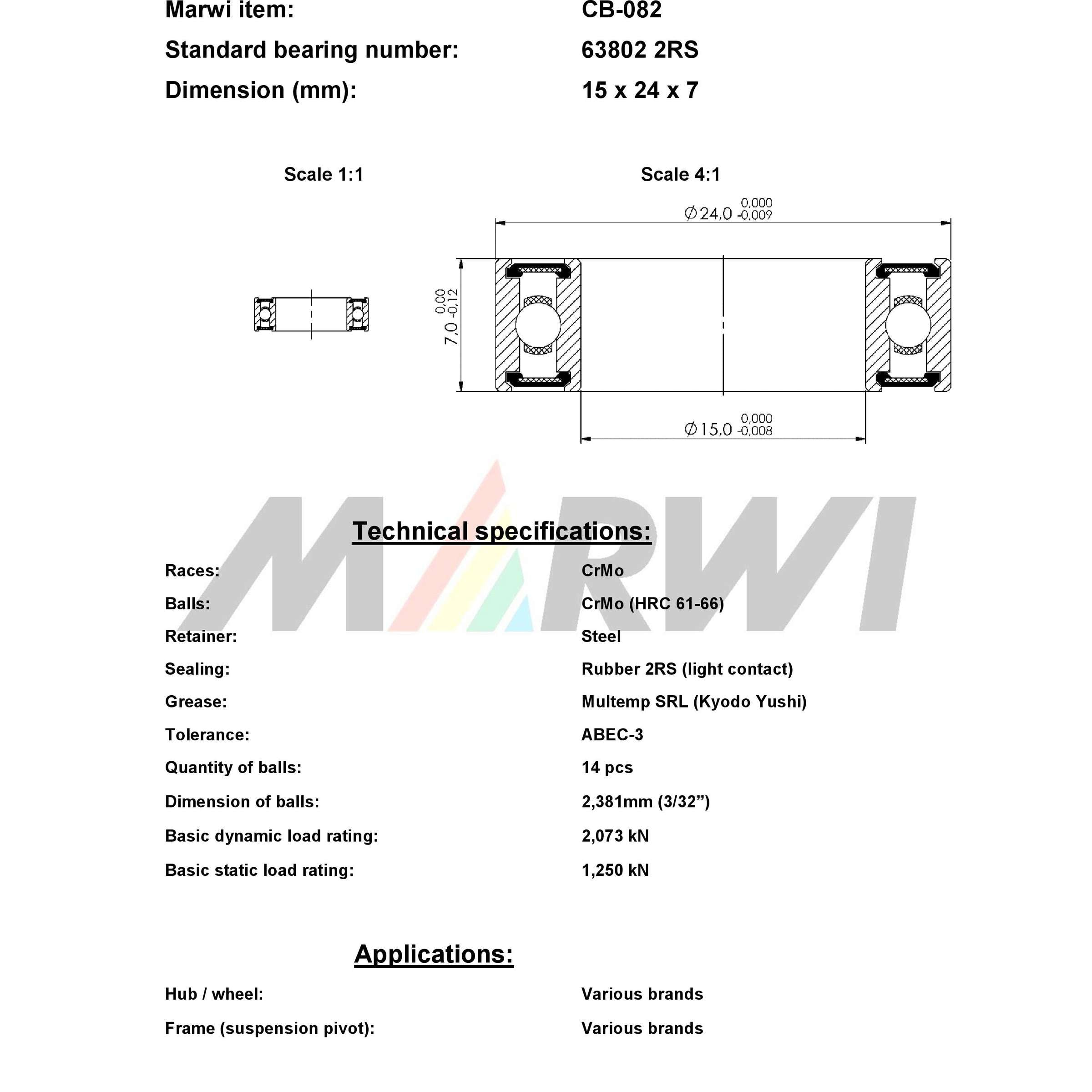Marwi union kogellager ball bearing union cb-082 15x24x7
