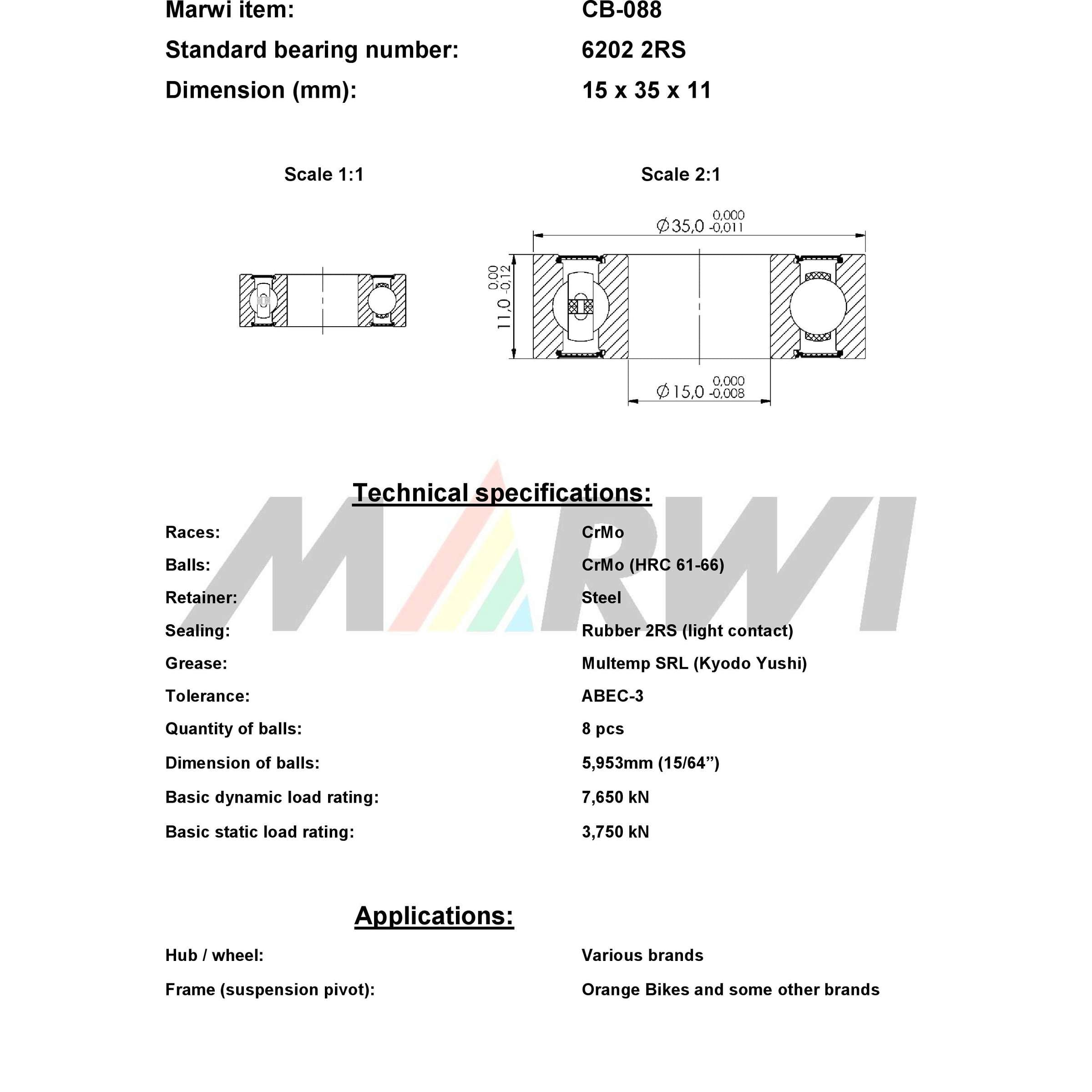 Marwi union kogellager ball bearing union cb-088 15x35x11
