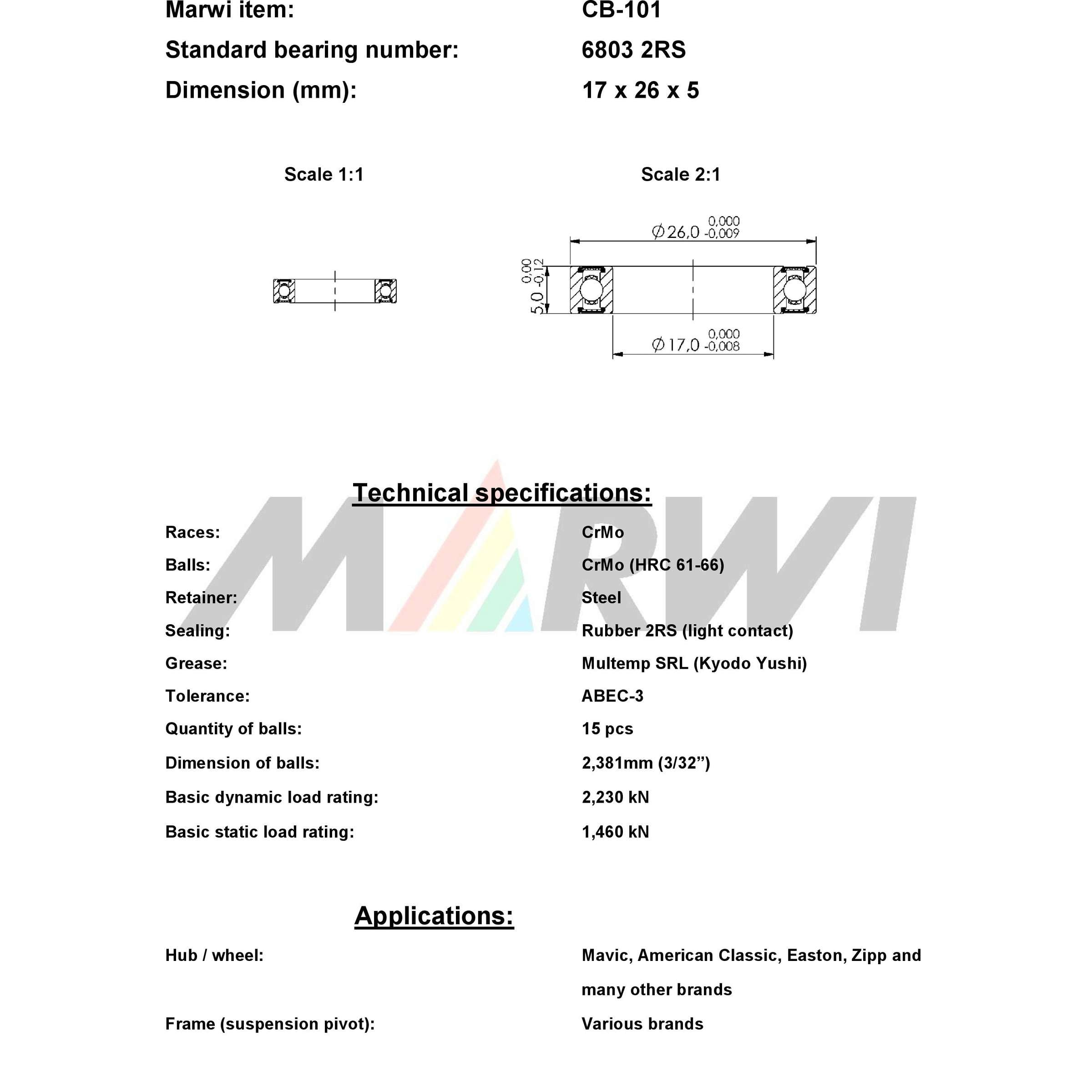 Marwi union kogellager ball bearing union cb-101 17x26x5