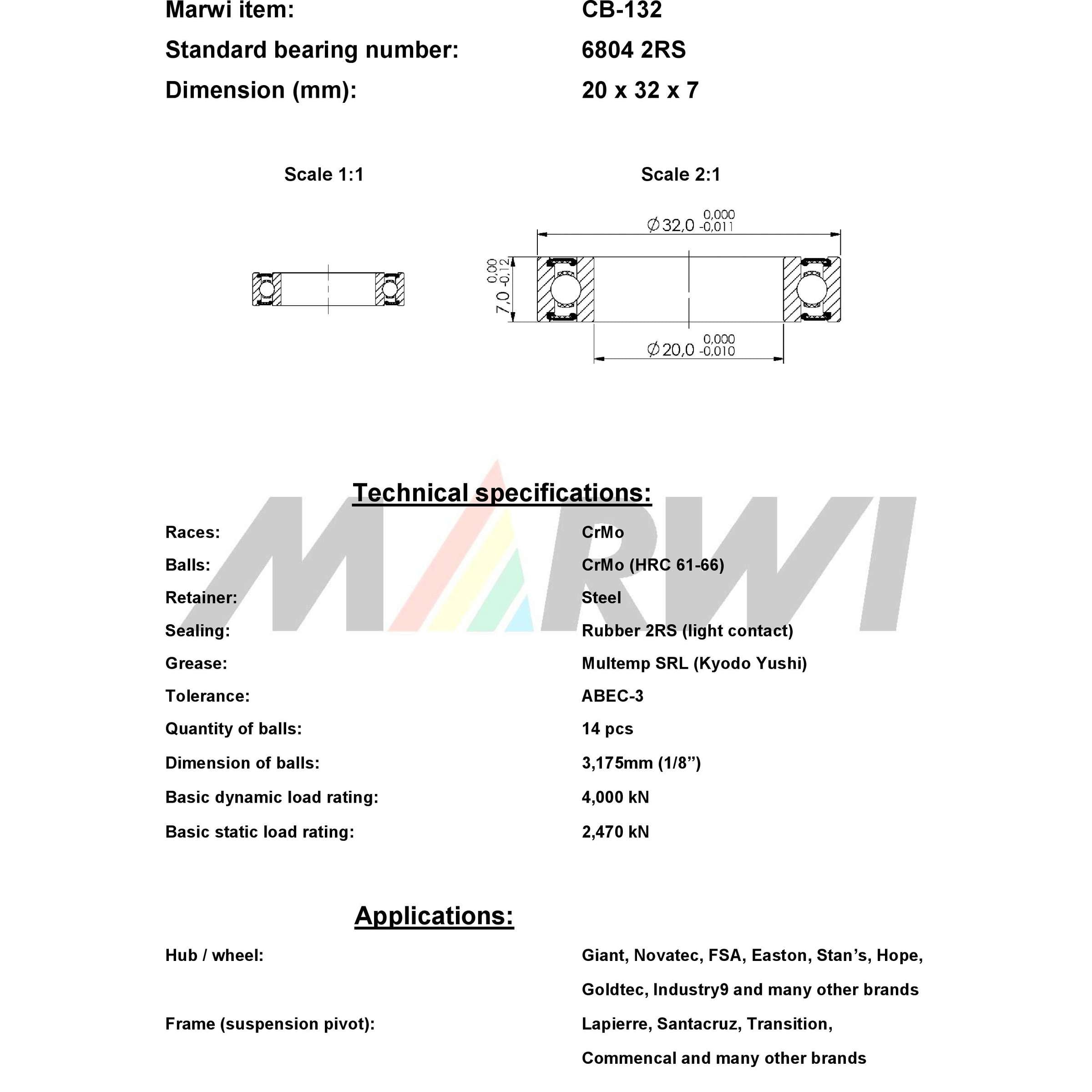 Marwi union kogellager ball bearing union cb-132 20x32x7
