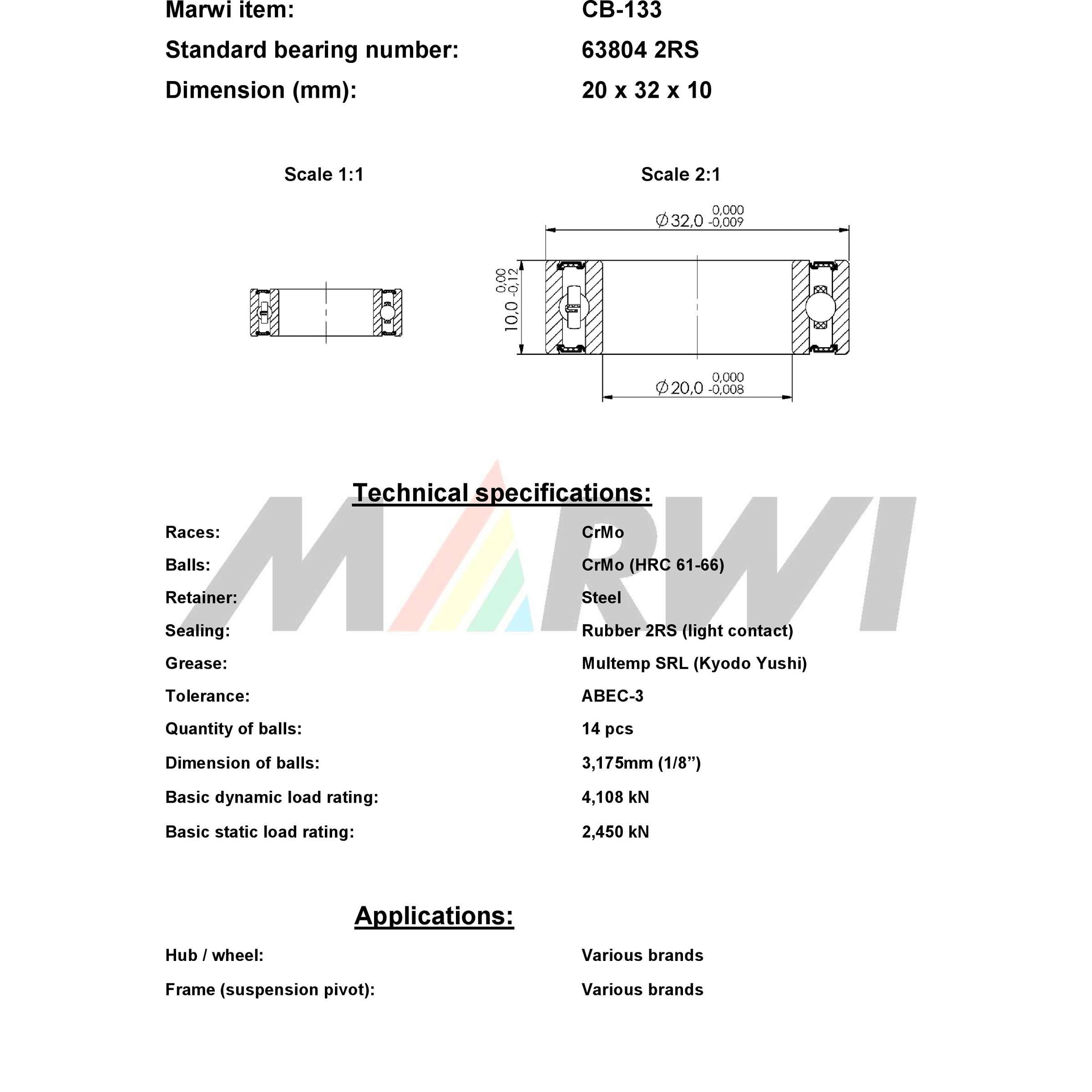 Roulement à billes Marwi CB-133 63804 2RS 20x32x10 436133