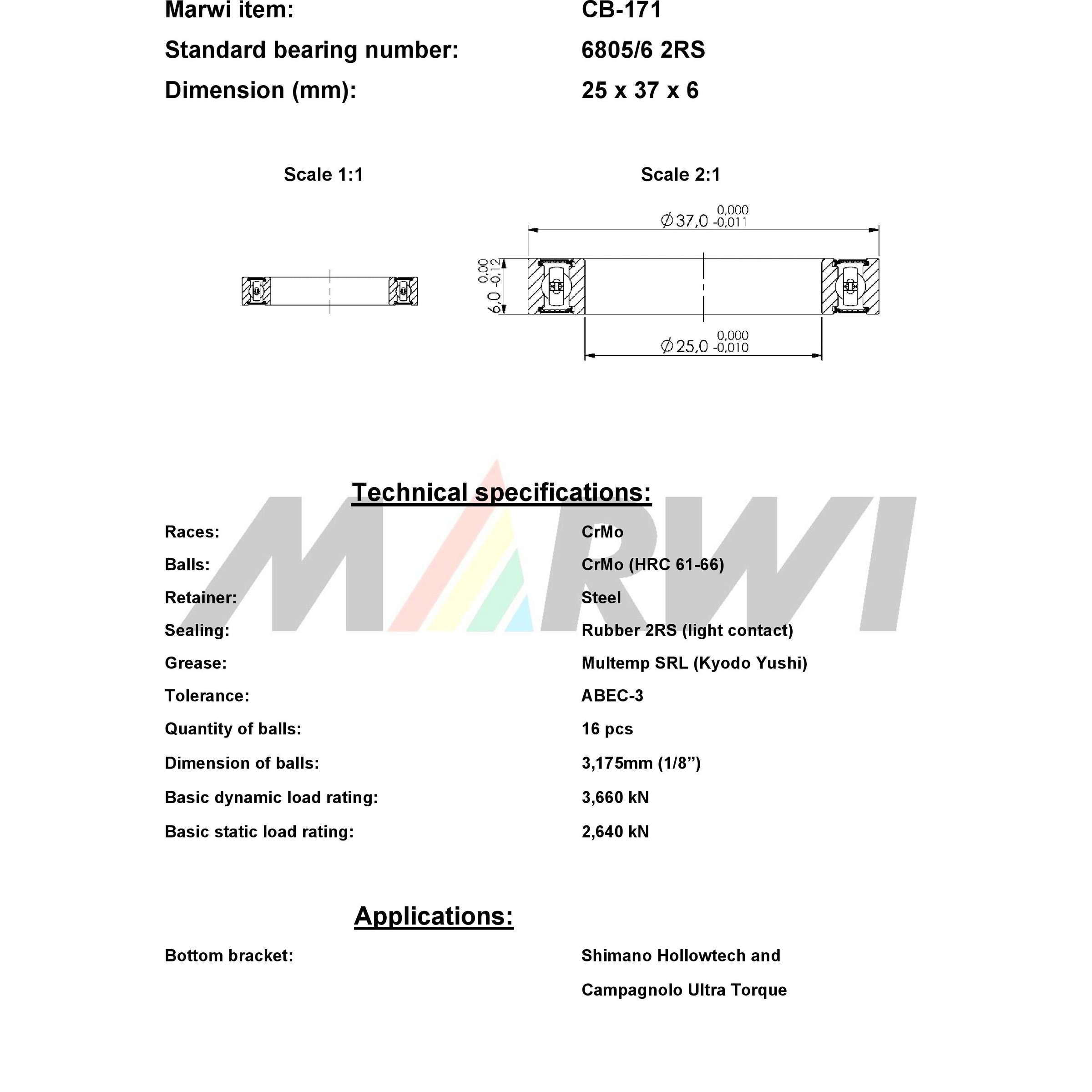Marwi union kogellager ball bearing union cb-171 25x37x6
