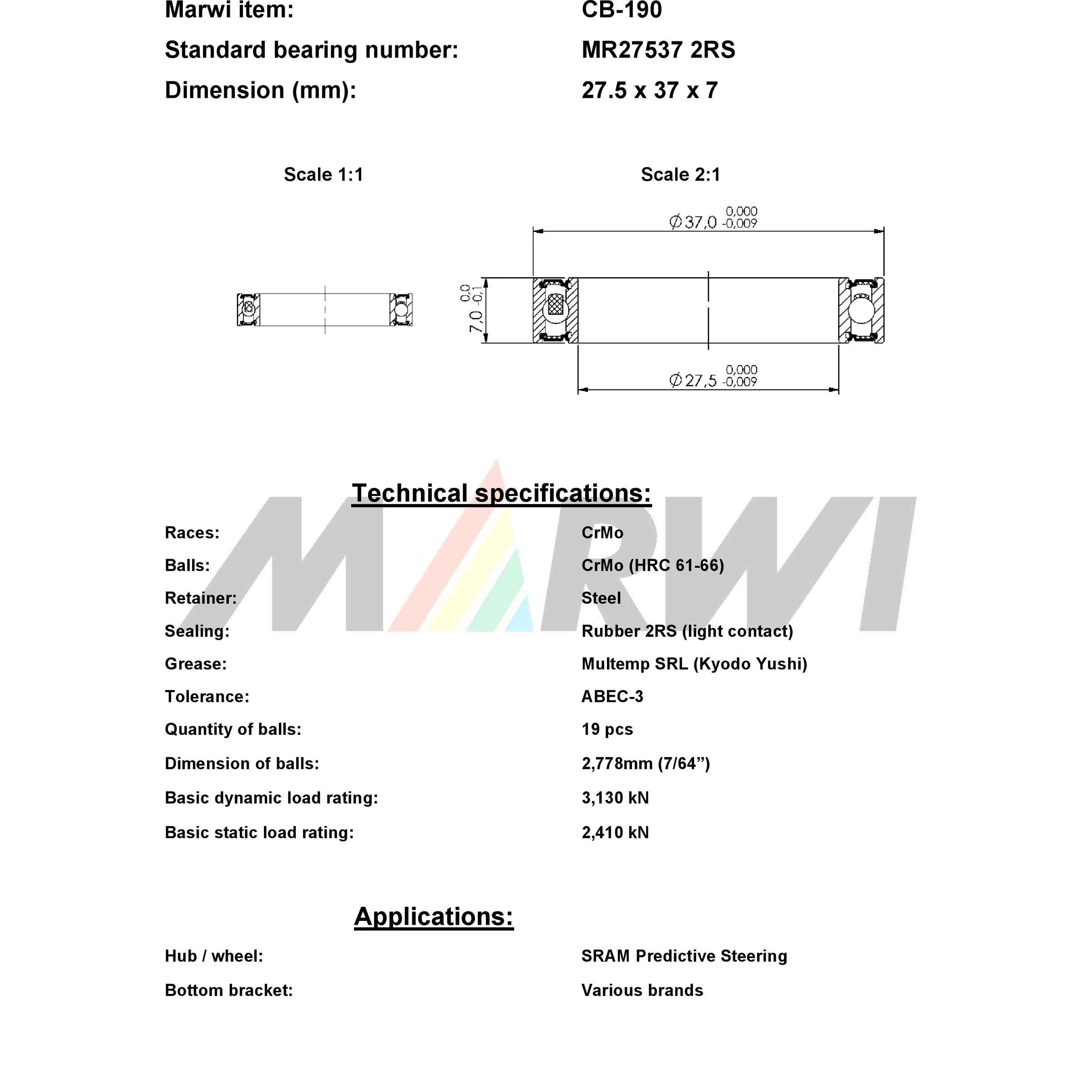 Marwi union kogellager ball bearing union cb-190 27,5x37x7