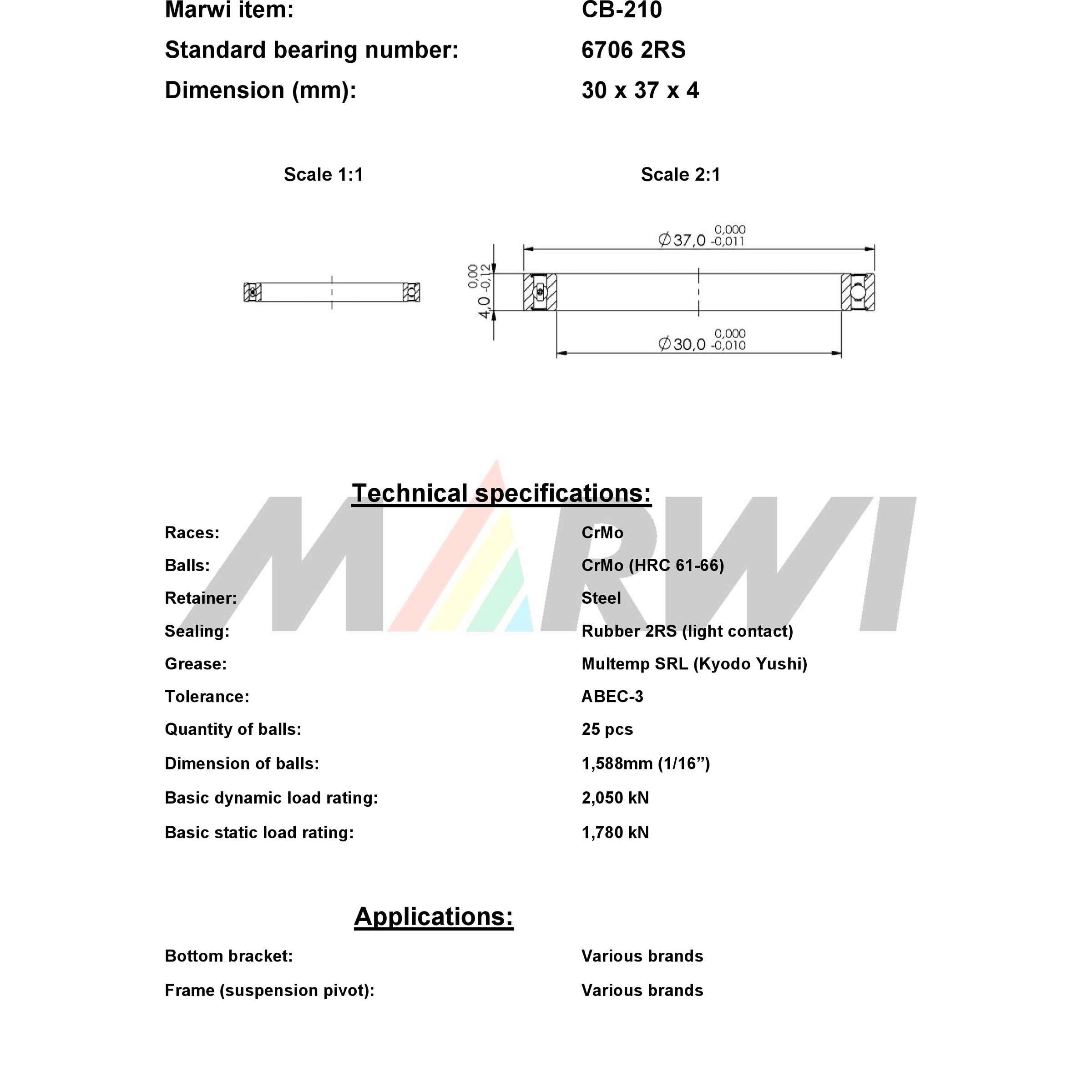 Marwi union kogellager ball bearing union cb-210 30x37x4