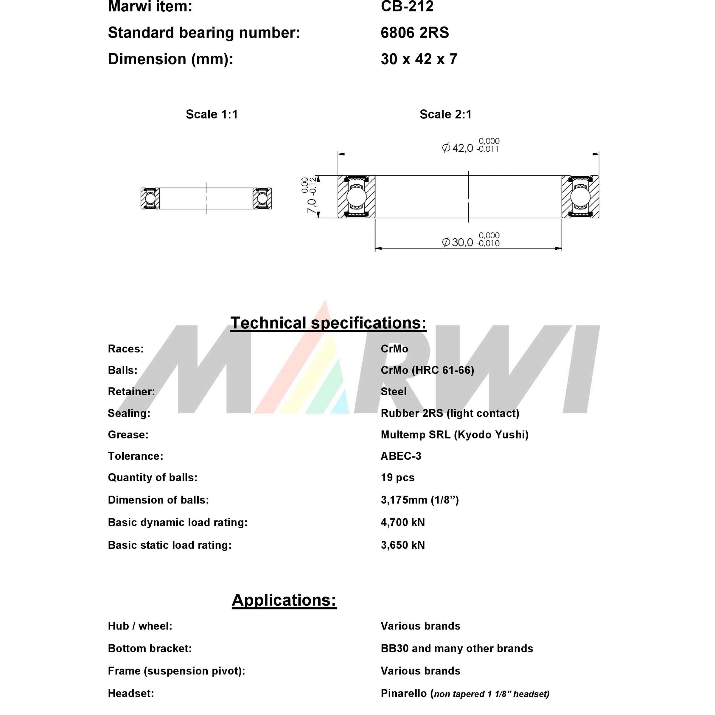 Marwi union kogellager cb-212 6806 2rs 30x42x7