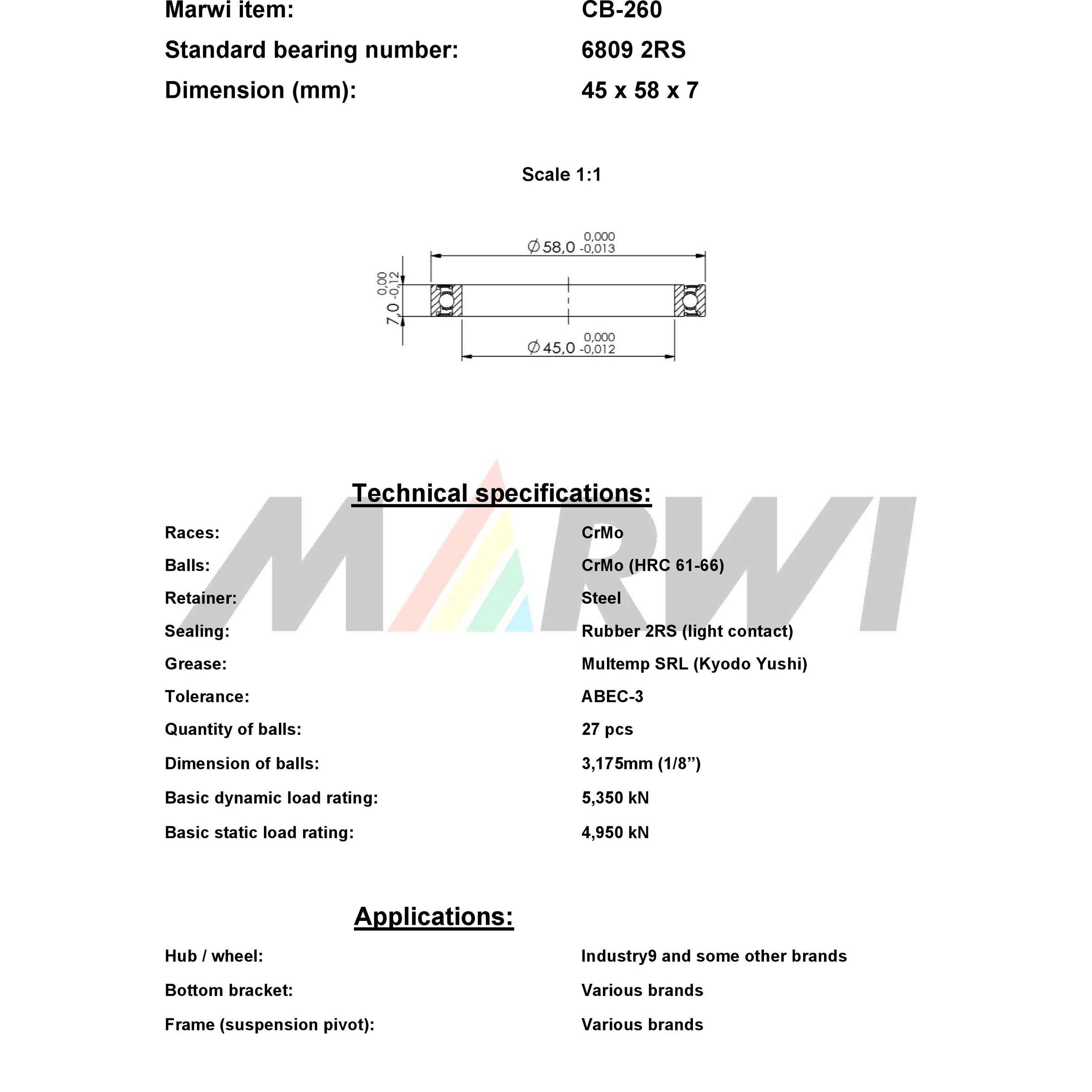 Marwi union kogellager ball bearing union cb-260 45x58x7