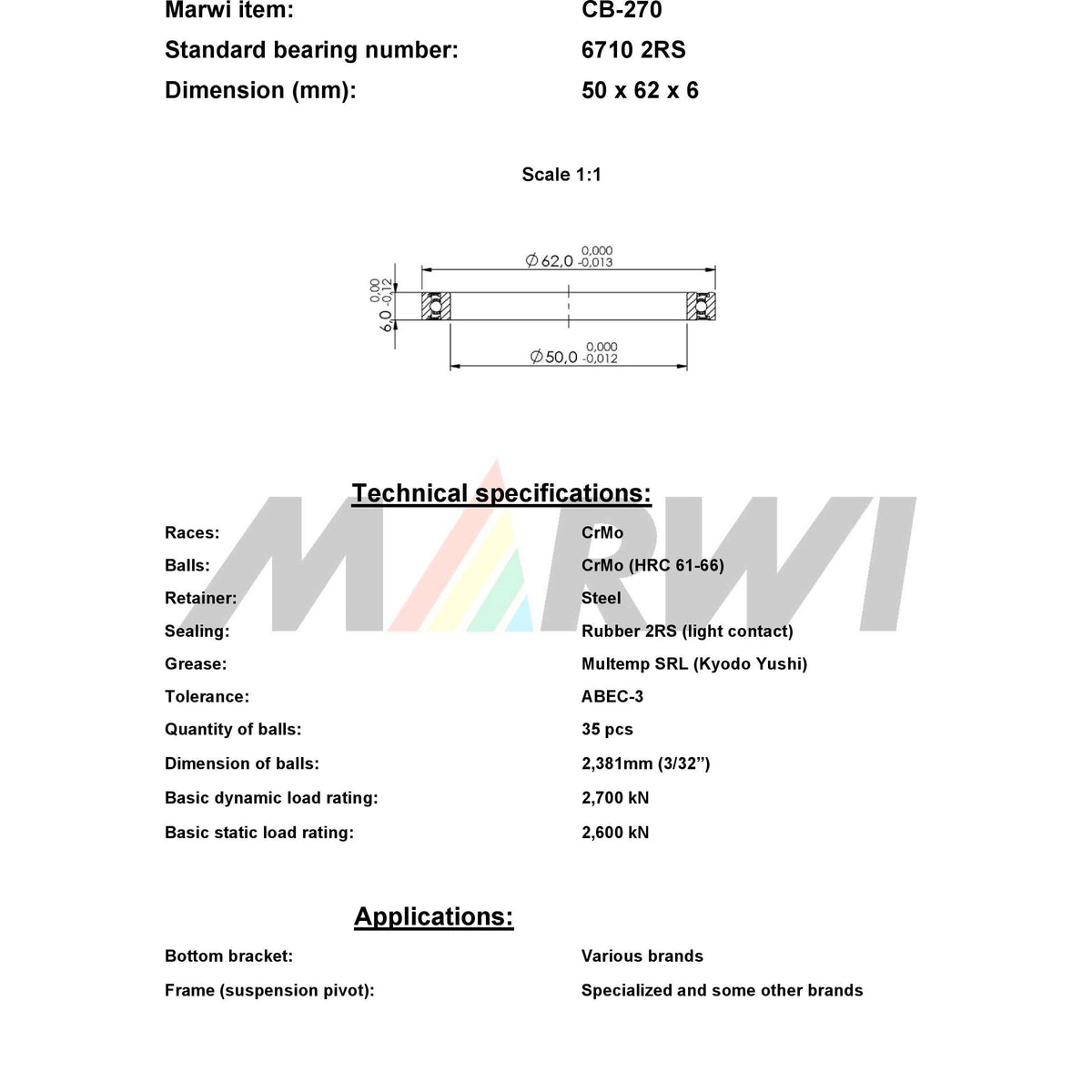 Marwi union bearing cb-270 6710 2rs 50x62x6