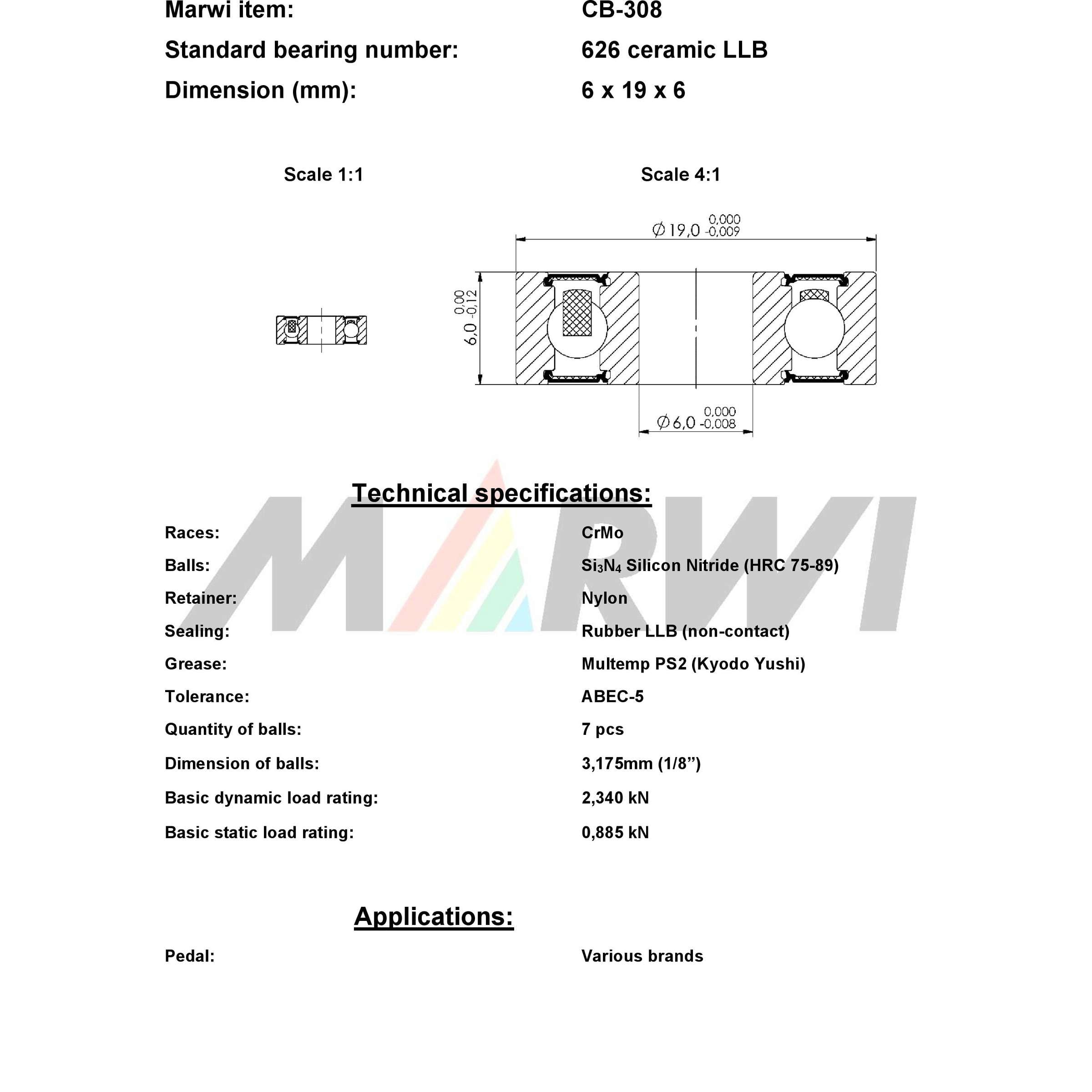 Marwi Keram. roulement à billes CB-308 626 LLB 6x19x6 436308