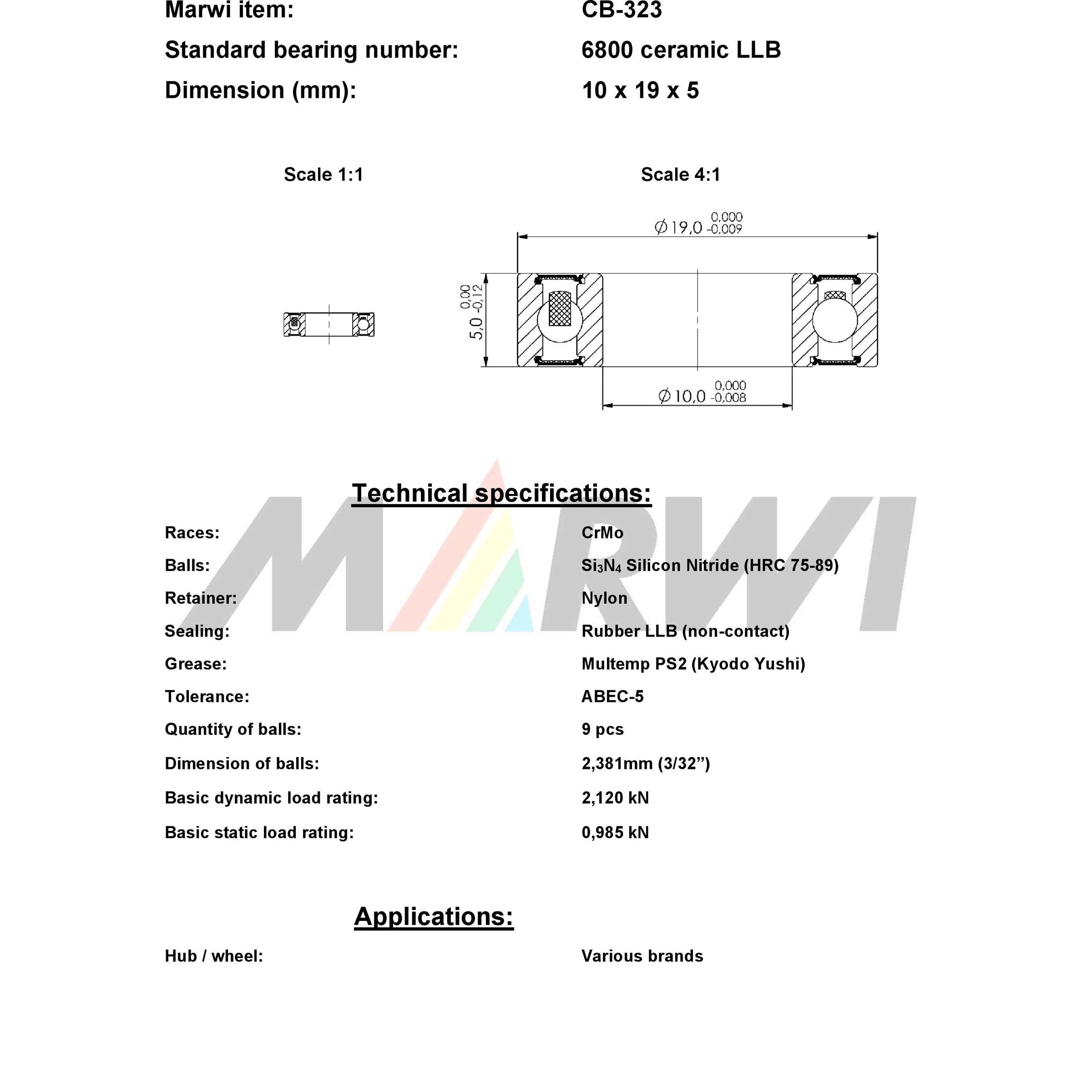 Marwi Keram. roulement à billes CB-323 6800 LLB 10x19x5 436323