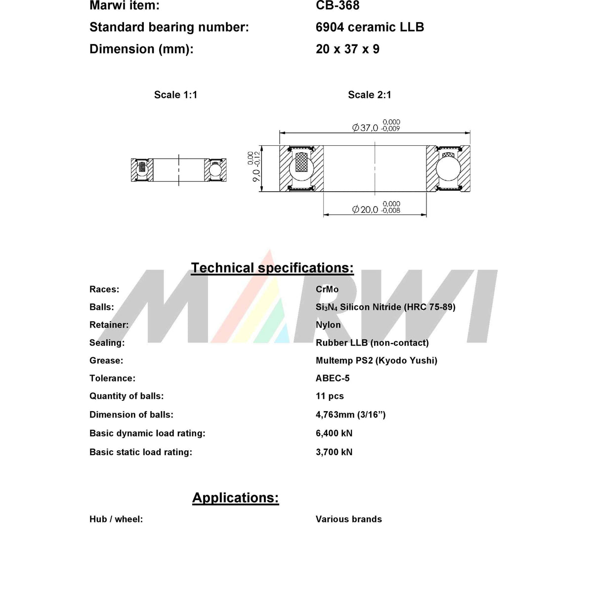 Union ball bearing ball bearing cb-368 20x37x9