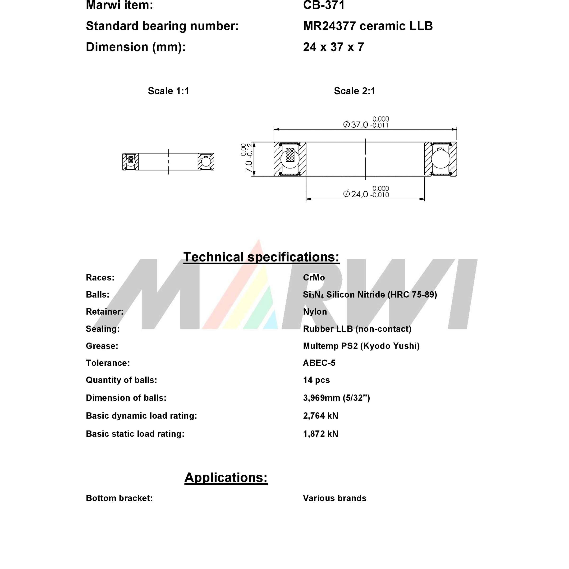 Union kogellager ball bearing cb-371 24x37x7