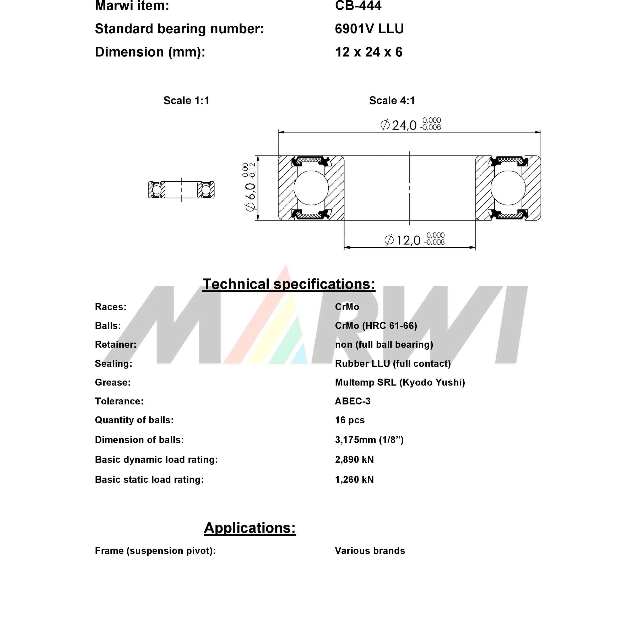 Roulement à billes Marwi MAX CB-444 6901V LLU 12x24x6 436444