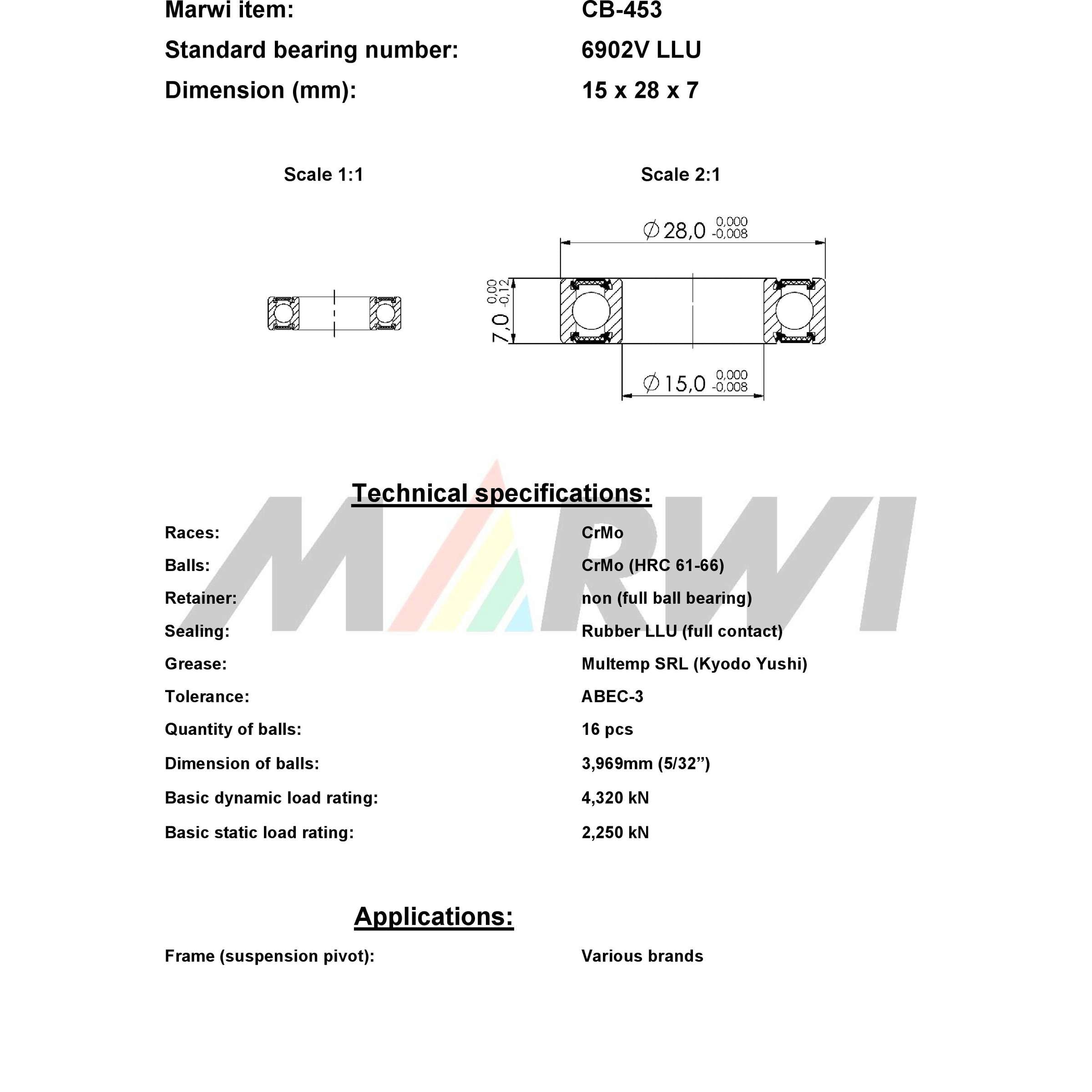 Union kogellager ball bearing cb-453 15x28x7