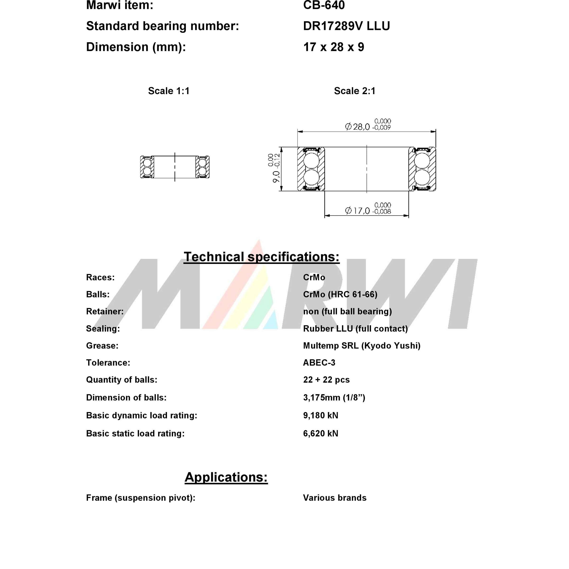 Union kogellager ball bearing cb-640 17x28x9