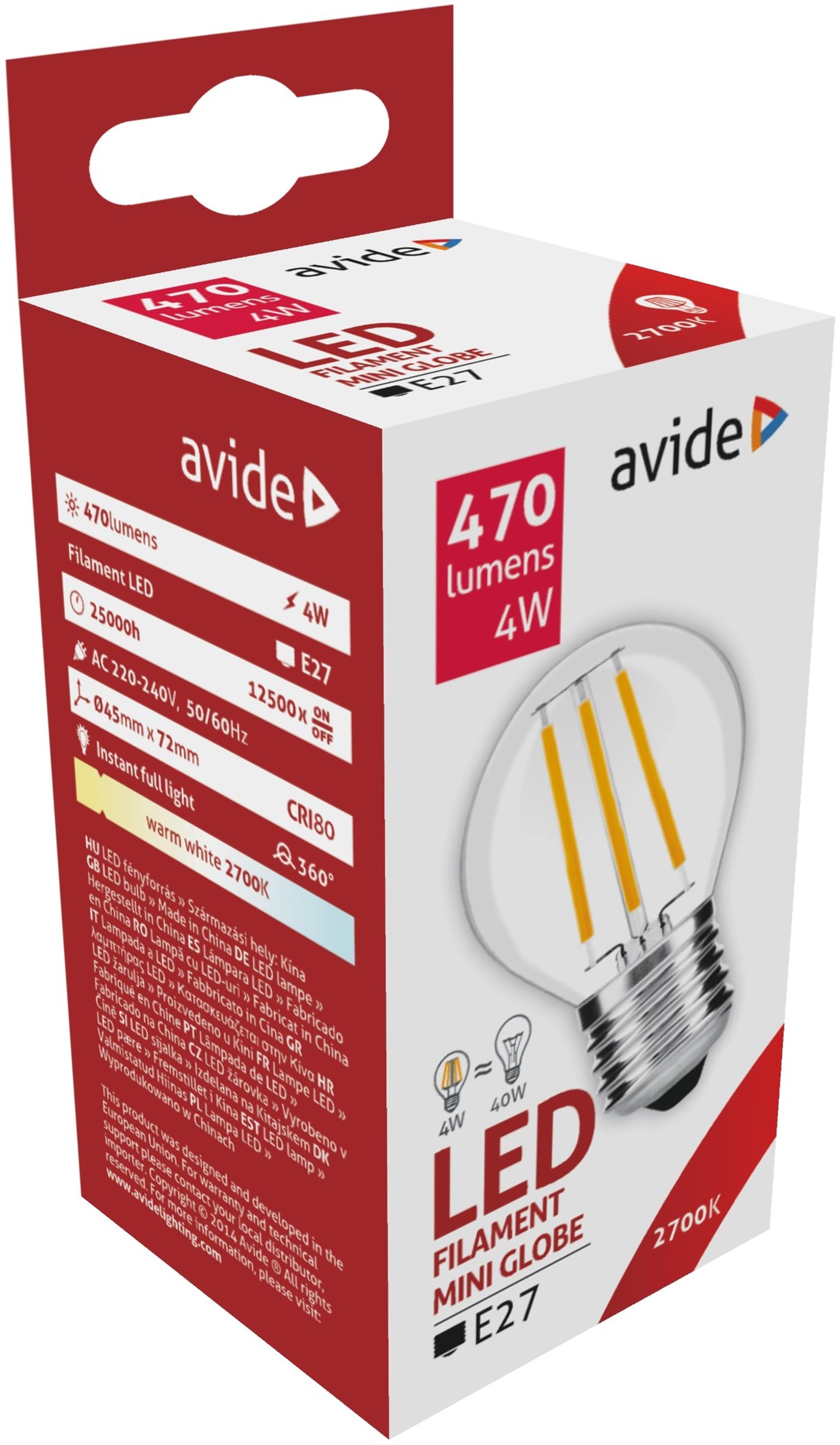 Avide led filament mini globe 4,5w e27 360â° warmwit 2700k (470 lumen)ablfmg27ww-4w