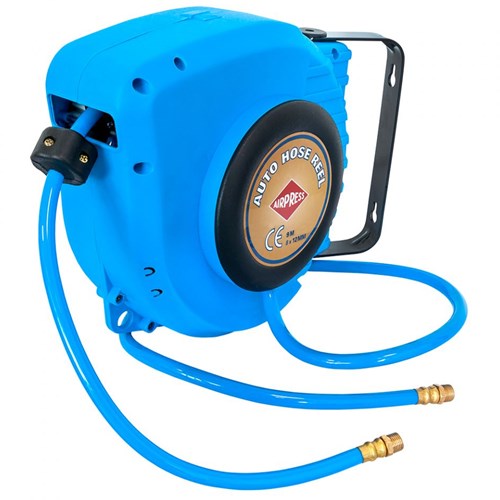 Airpress luchtslanghaspel pu | binnen ø 8 buiten ø 12 mm | 1 4 buitendraad | 9 meter | 8 bar | wandmodel | zelfoprollend | draaibaar | met accessoires