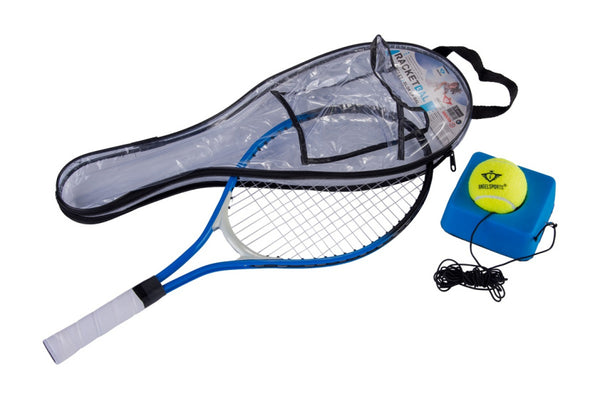 Racketball tennistrainer in hoes blauw zwart