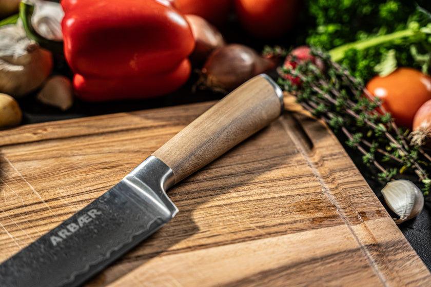 Santoku Koksmes 18,5 cm - Damascus Staal - Olijfhouten handvat - Japans