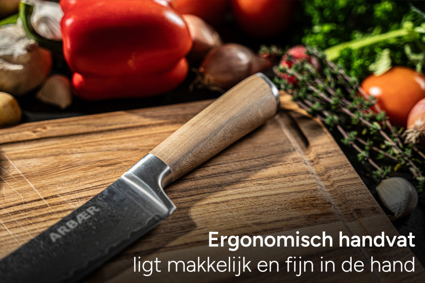 Santoku Koksmes 18,5 cm - Damascus Staal - Olijfhouten handvat - Japans