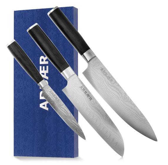 Messenset 3-delig - Japanse Damascus Print - Pakka Houten Handvat