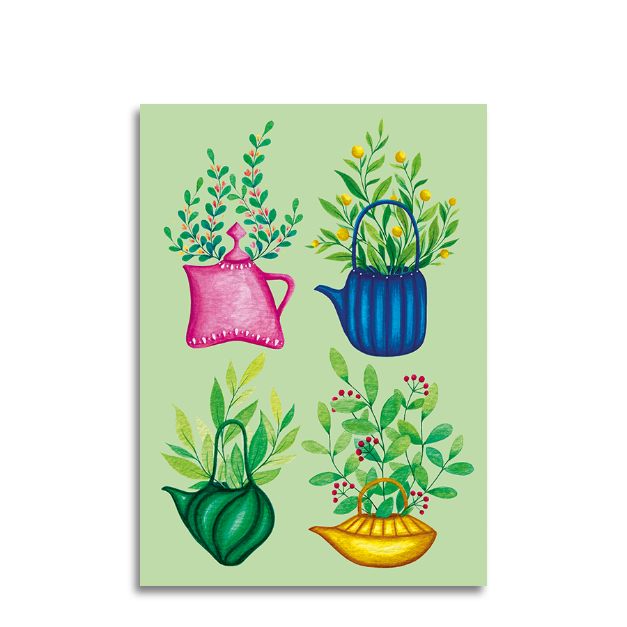 Art by andu wenskaart 4 tea pots green